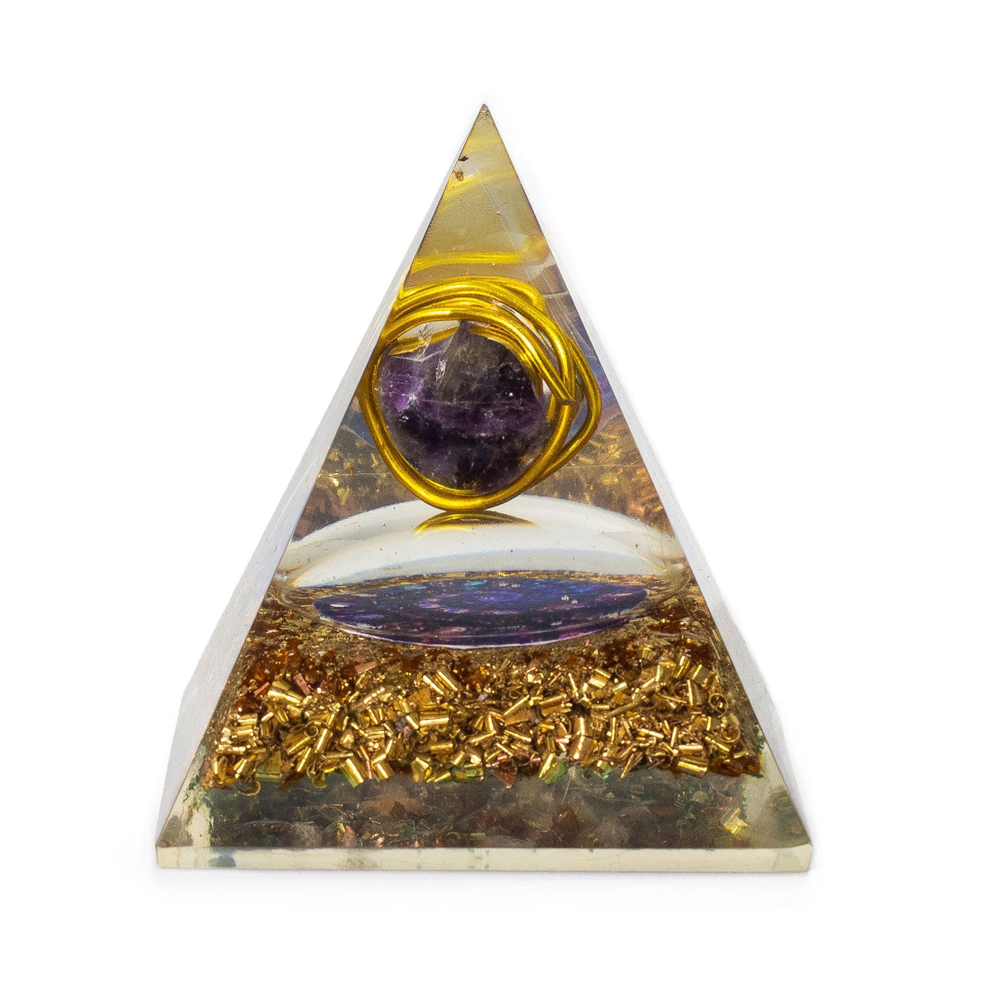 Pyramide d’orgonite format moyen — Améthyste enrobée · Copeaux de cuivre