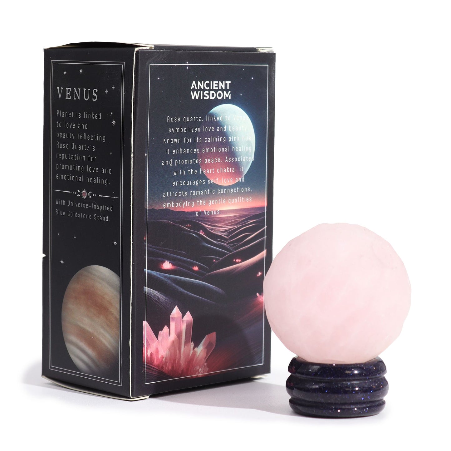 Planète Vénus en quartz rose sur socle solaire · 40mm