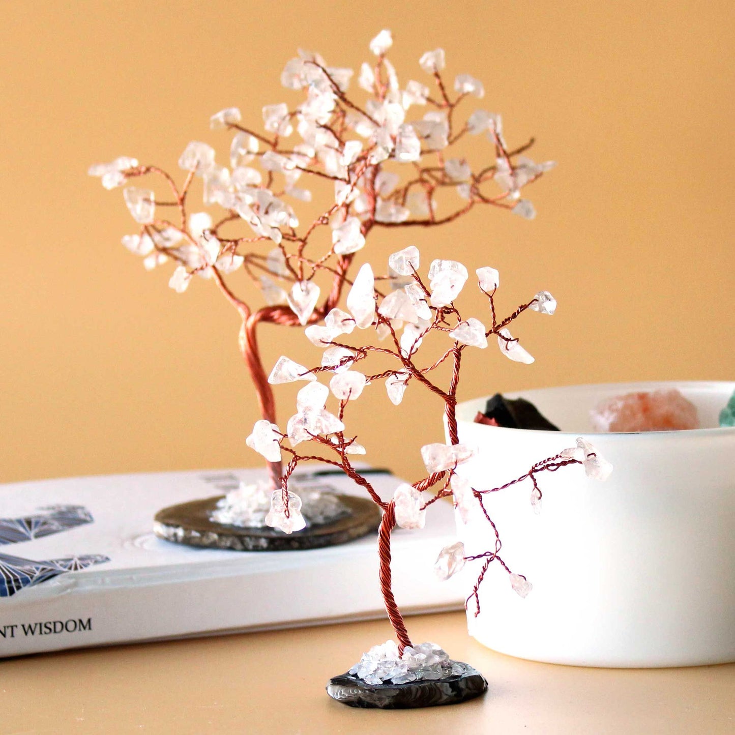 Arbre : cristal de roche sur socle d’agate noire