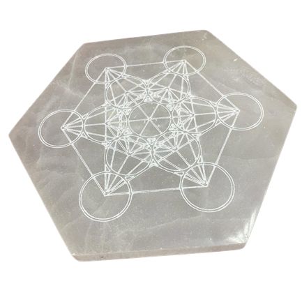 Plaque de charge hexagonale en sélénite — Direction & décision · 18cm