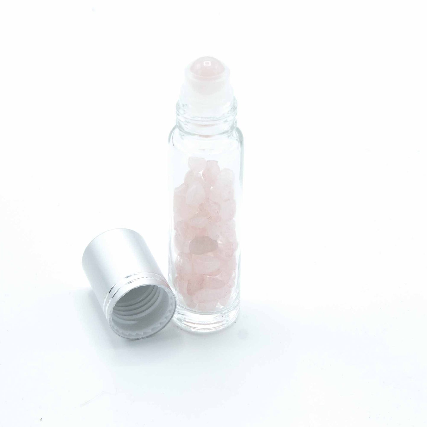 Roll-on à pierre naturelle — Quartz rose · Bouchon argenté