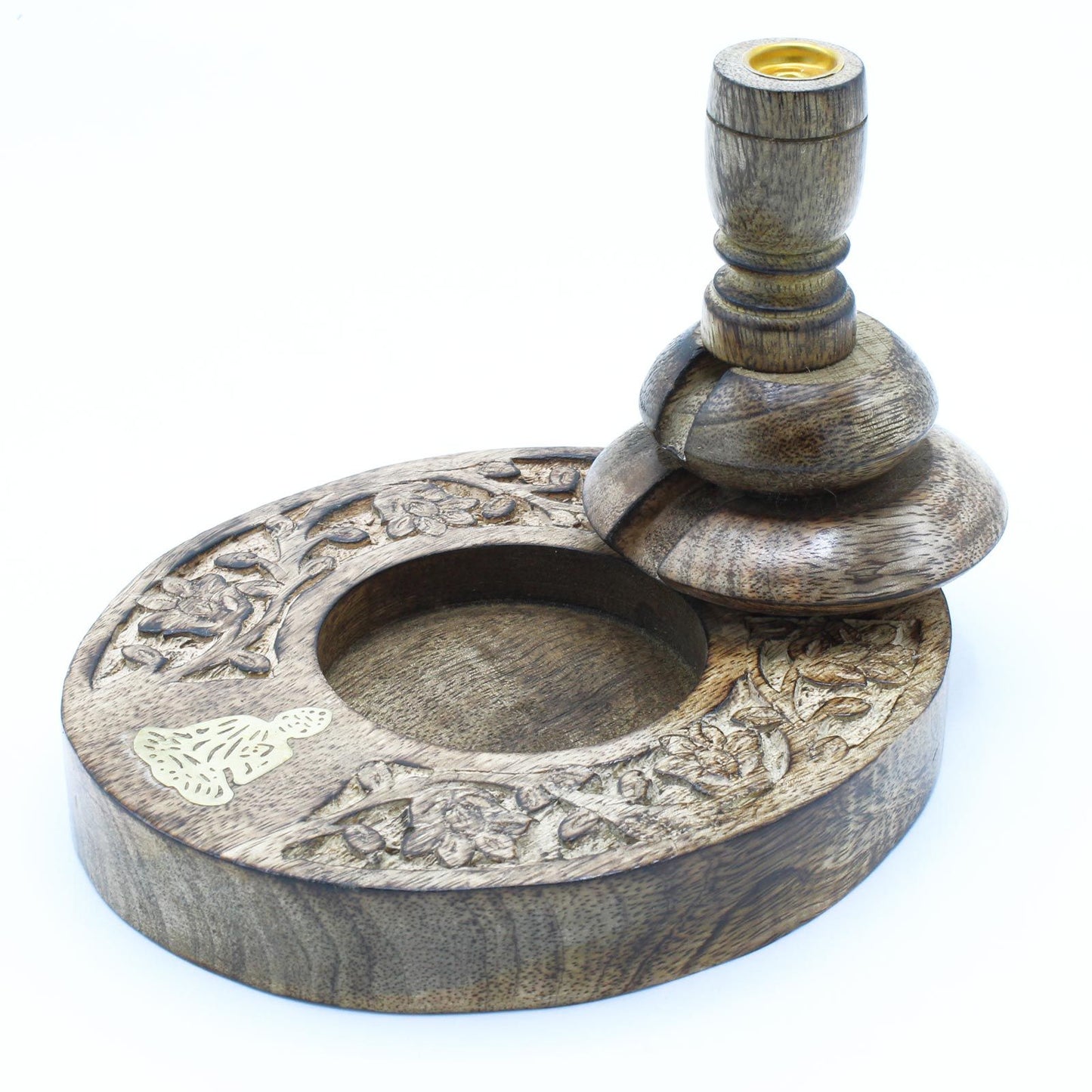Brûleur à reflux en bois de manguier format moyen — Bouddha laiton