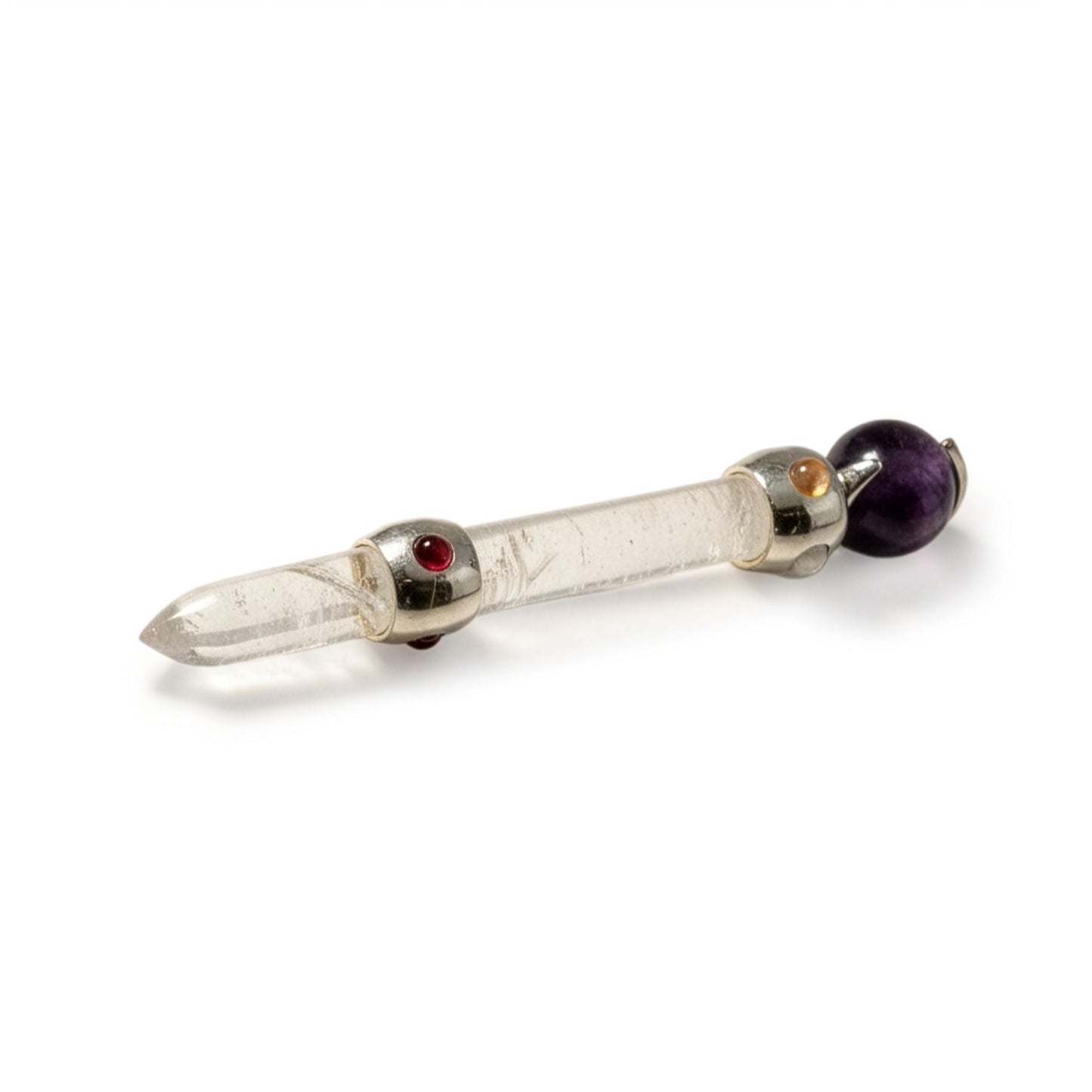 Baguette de prisme céleste — Sphère de cristal mobile d’améthyste · Tige de quartz · 12 cm