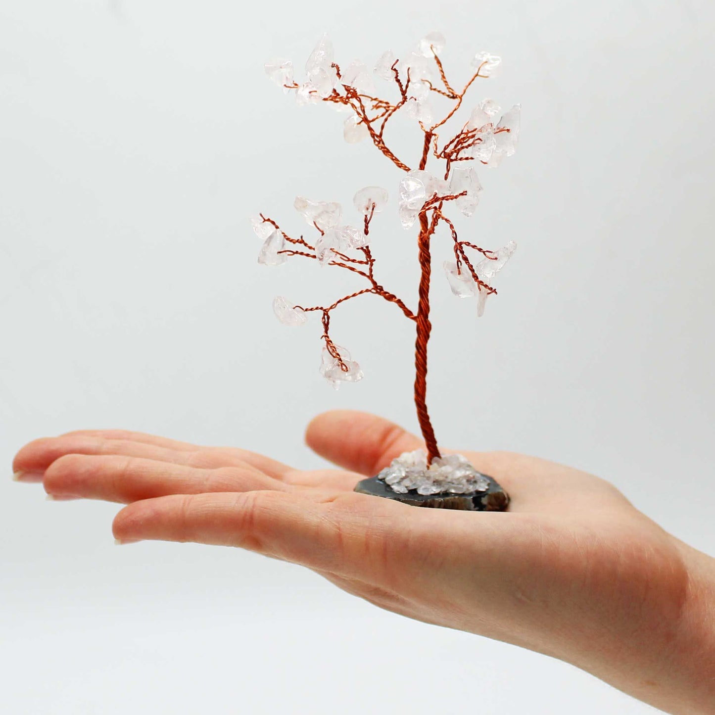 Arbre : cristal de roche sur socle d’agate noire