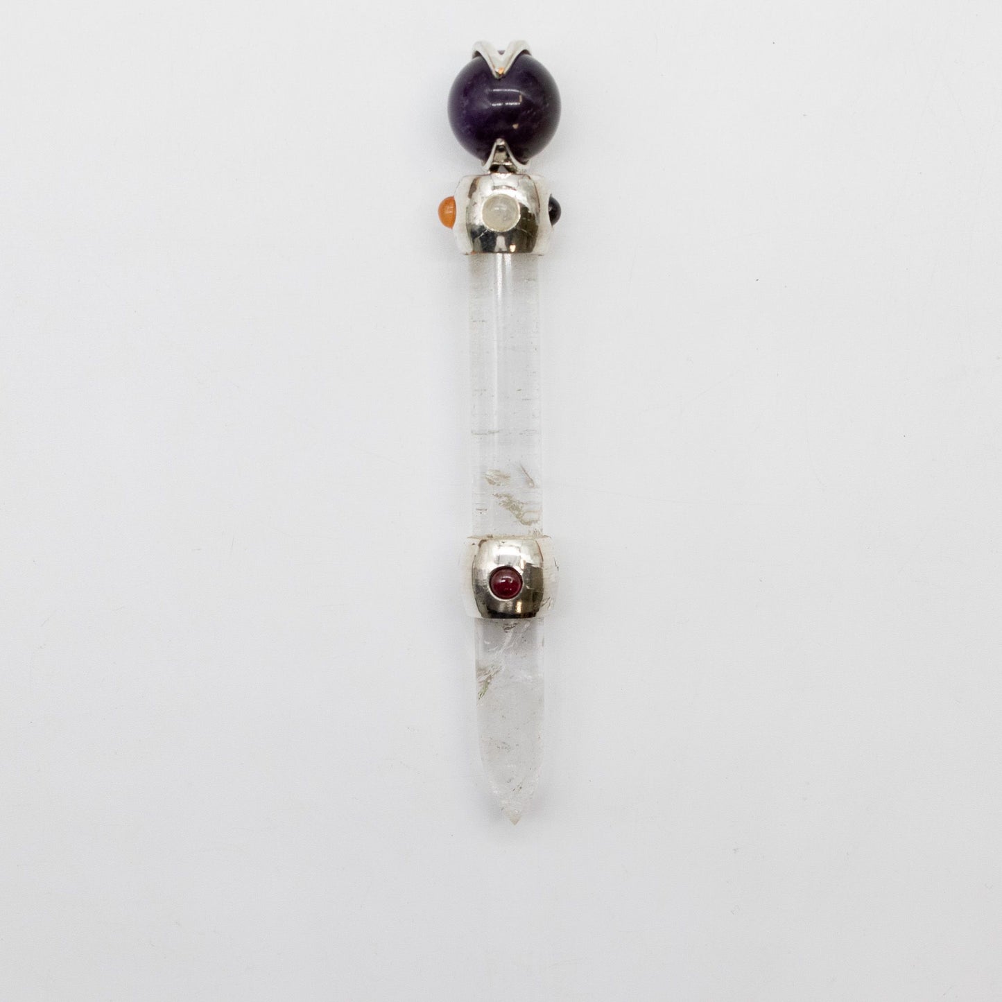 Baguette de prisme céleste — Sphère de cristal mobile d’améthyste · Tige de quartz · 12 cm