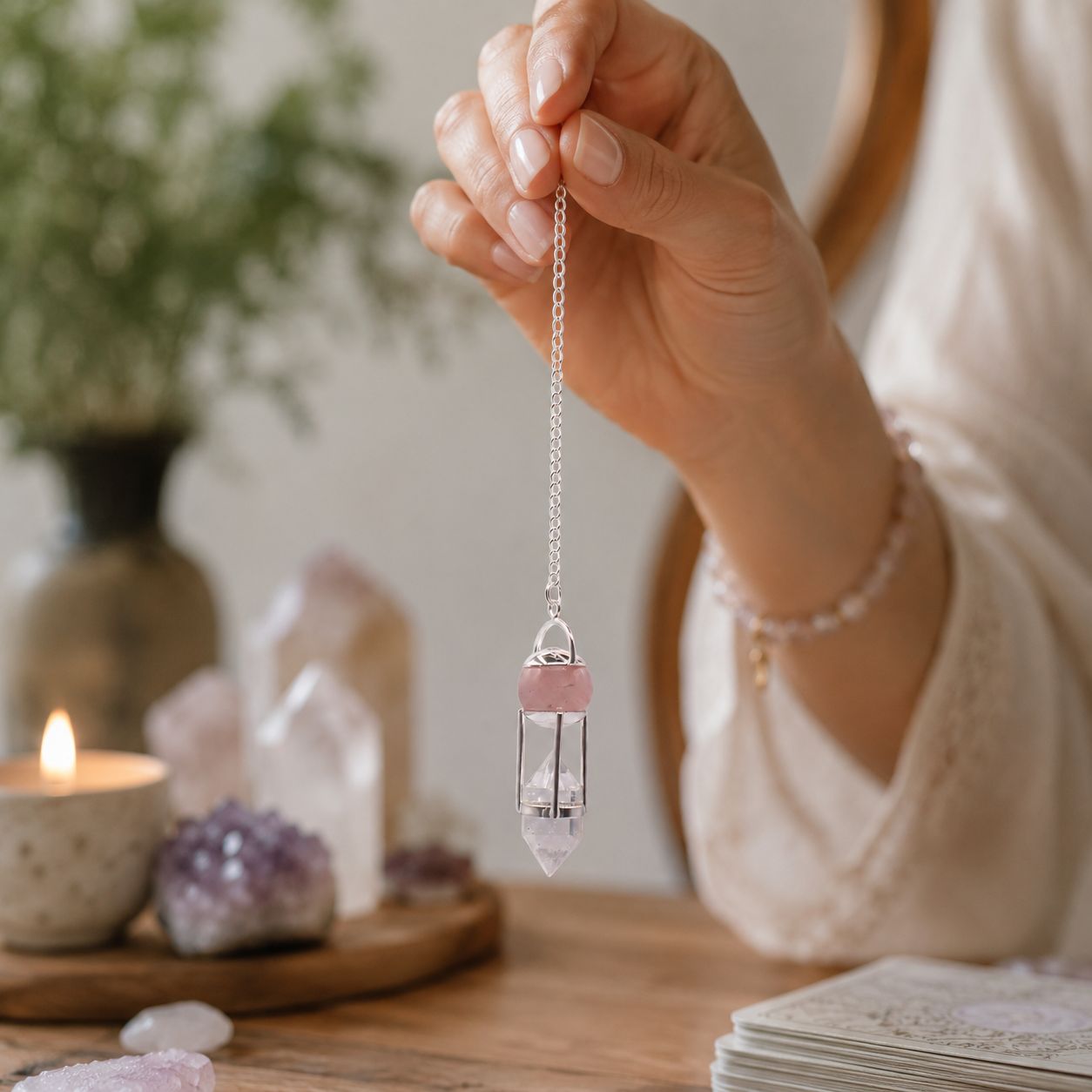 Pendule Murmure du cœur — Double pouvoir · Globe de quartz rose
