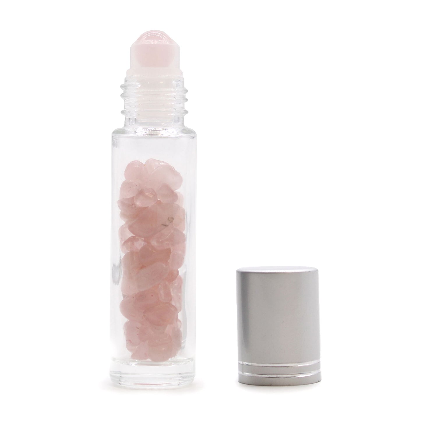 Roll-on à pierre naturelle — Quartz rose · Bouchon argenté