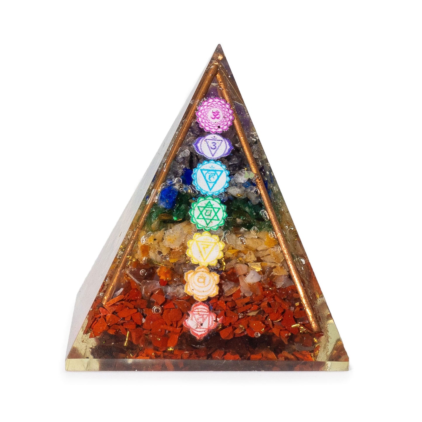 Pyramide d’orgonite format moyen — Barres de cuivre · 7 éclats de chakra