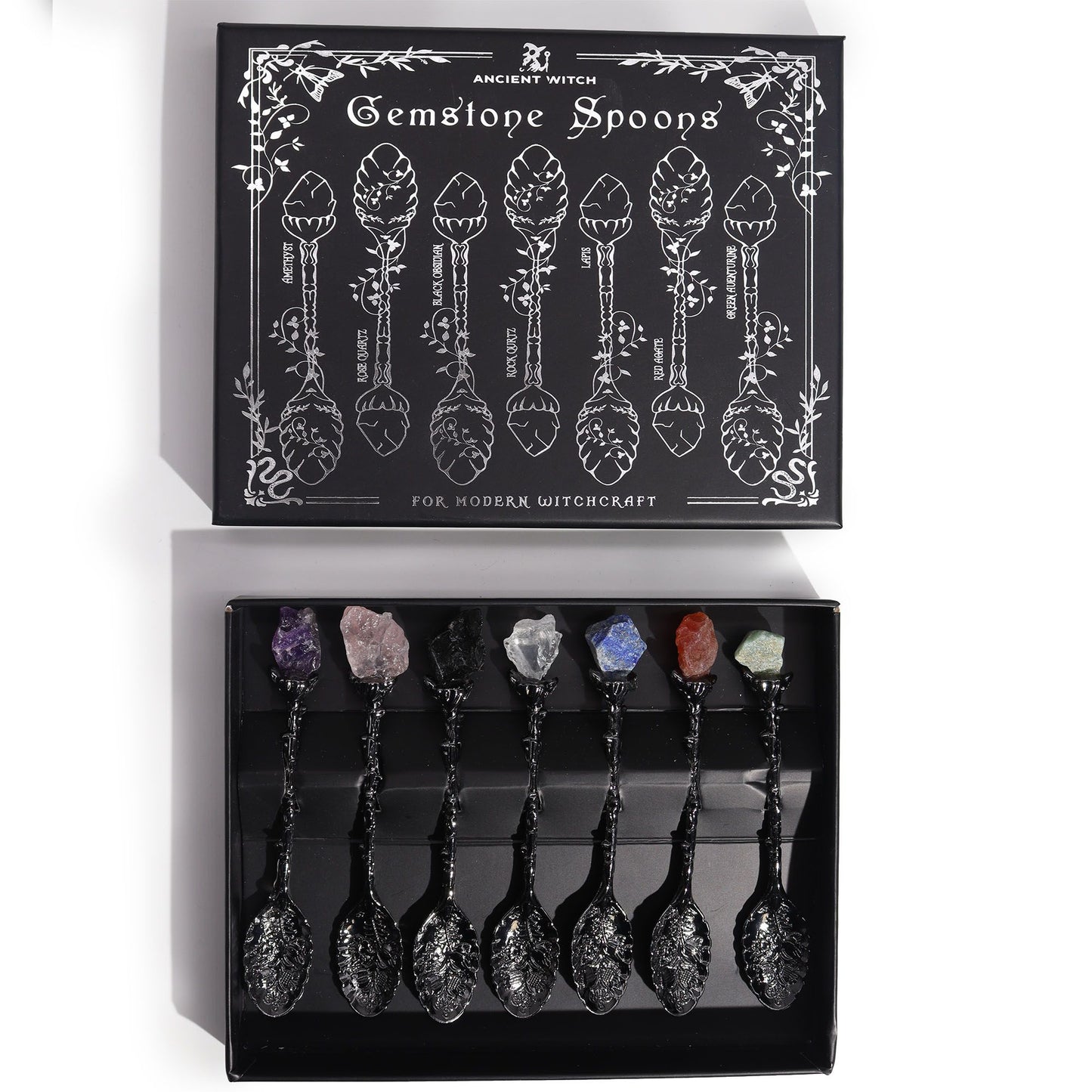 Jeu de 7 cuillères de sorcière — Cristal & argent vieilli