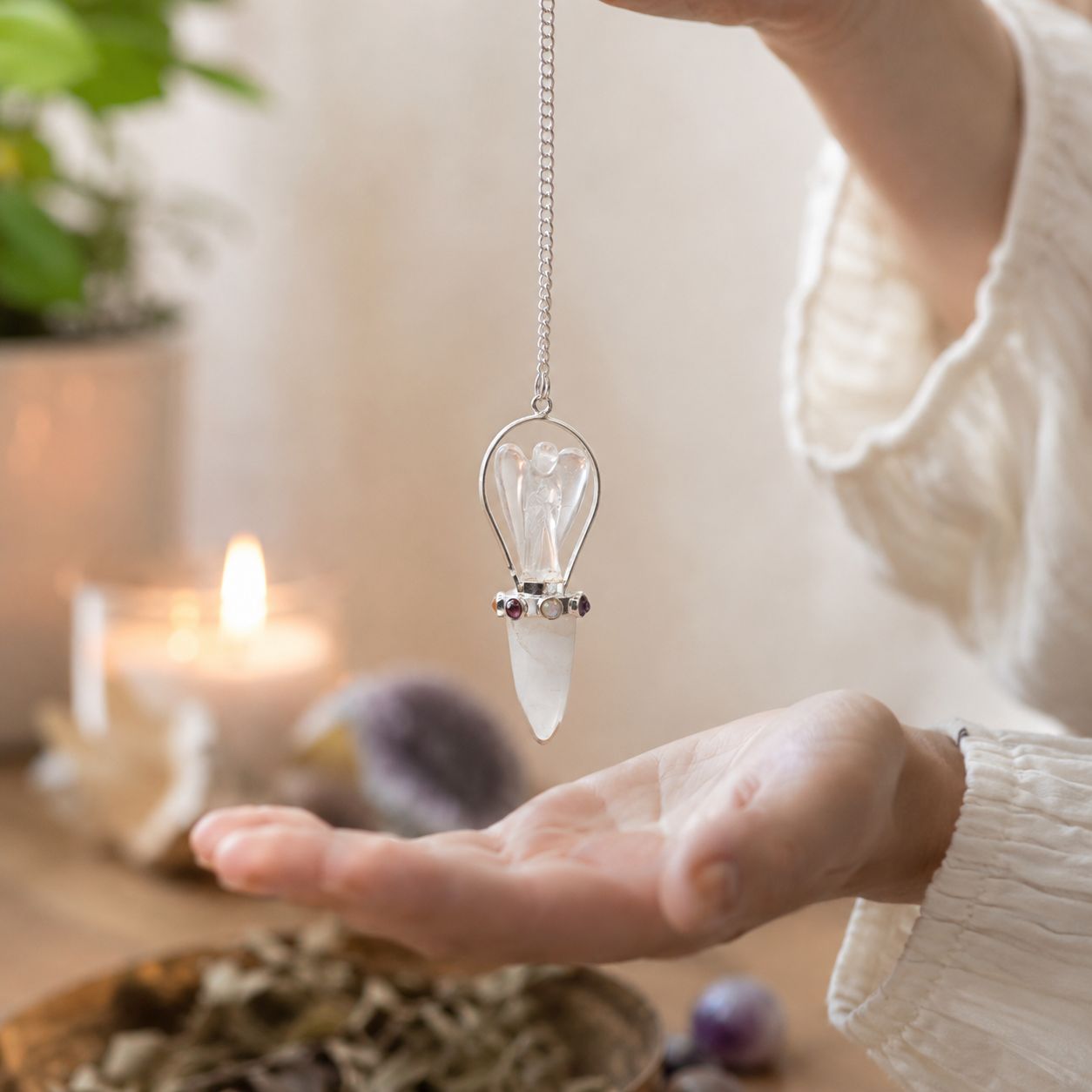 Pendule Guide céleste — Ange deux pièces · Bande de chakras · Cristal de roche