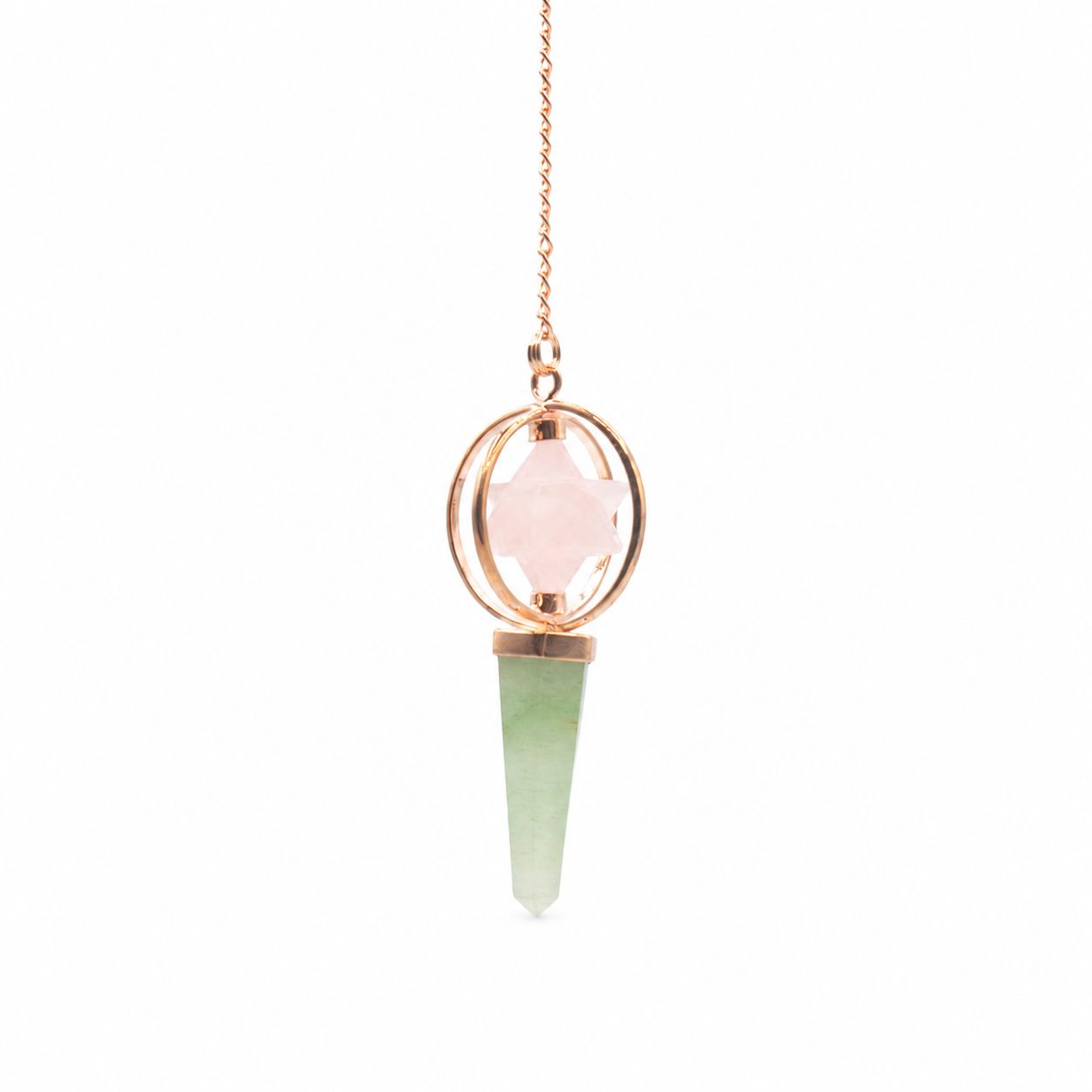 Pendule Boussole du cœur — Étoile Merkaba pivotante · Quartz rose & aventurine verte