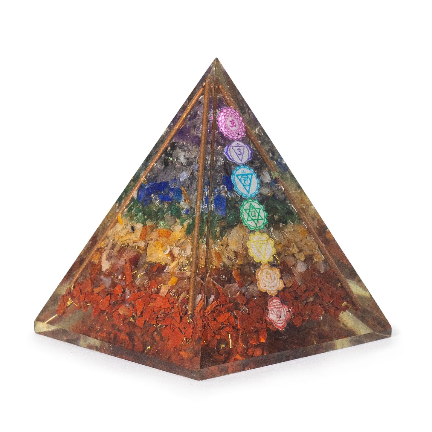 Pyramide d’orgonite format moyen — Barres de cuivre · 7 éclats de chakra