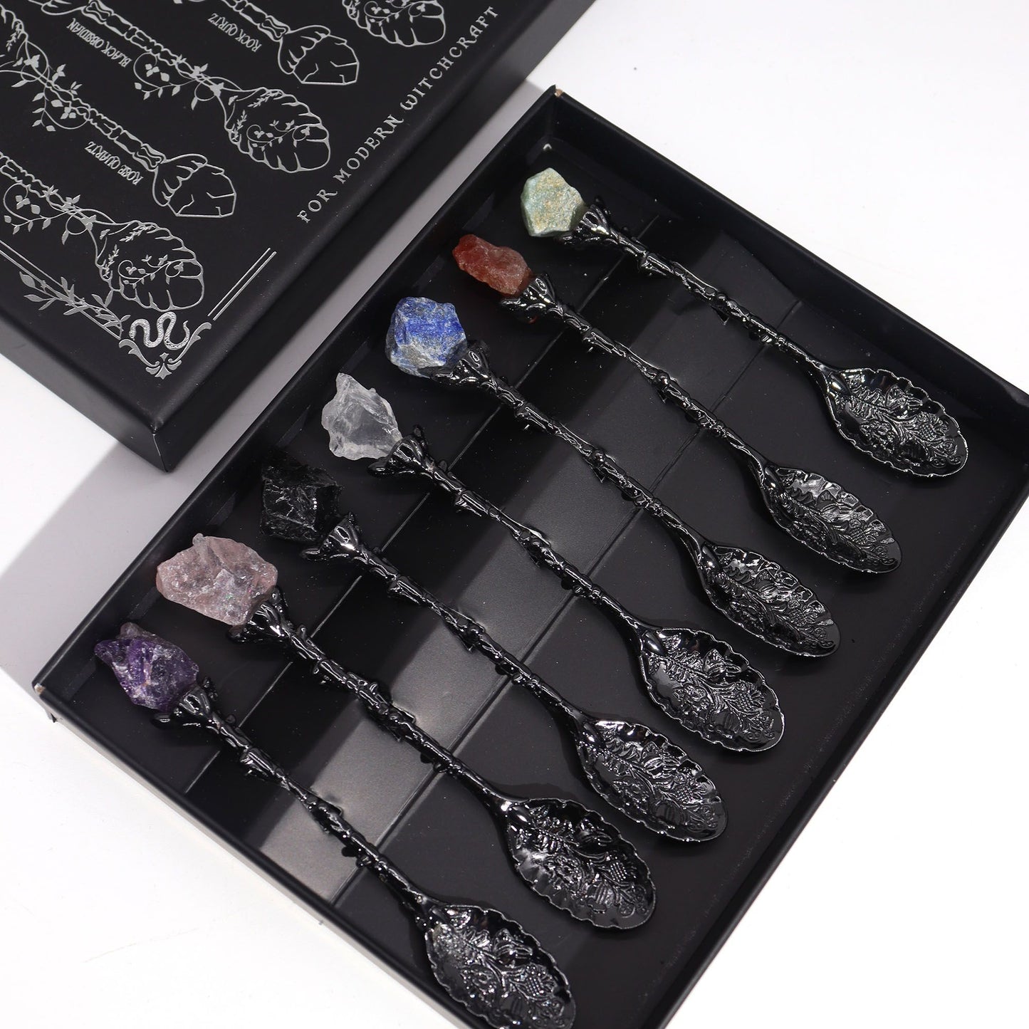 Jeu de 7 cuillères de sorcière — Cristal & argent vieilli