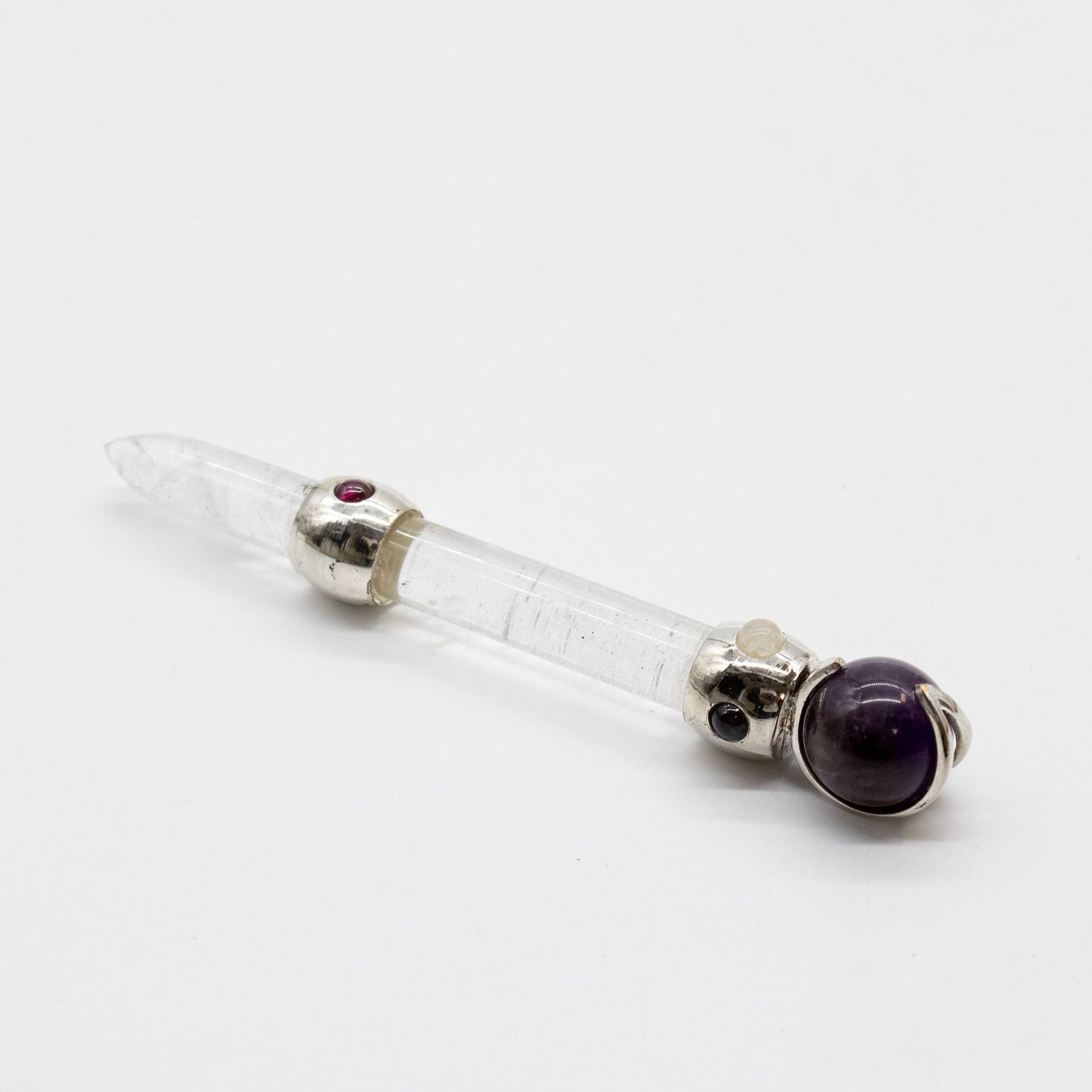 Baguette de prisme céleste — Sphère de cristal mobile d’améthyste · Tige de quartz · 12 cm