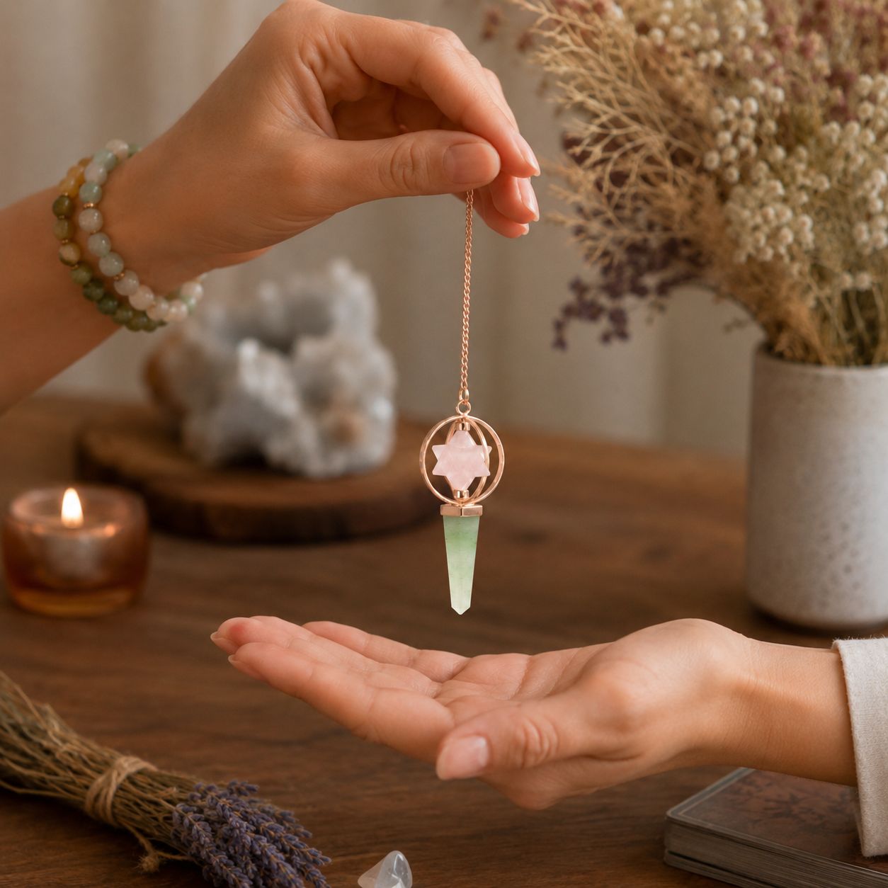 Pendule Boussole du cœur — Étoile Merkaba pivotante · Quartz rose & aventurine verte