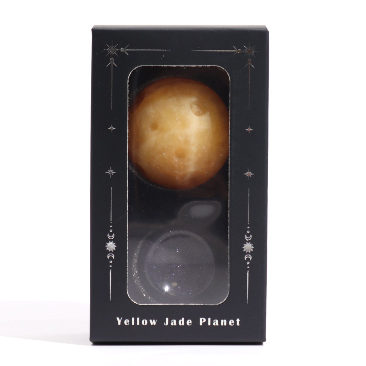 Planète Saturne en jade jaune sur socle solaire · 40mm