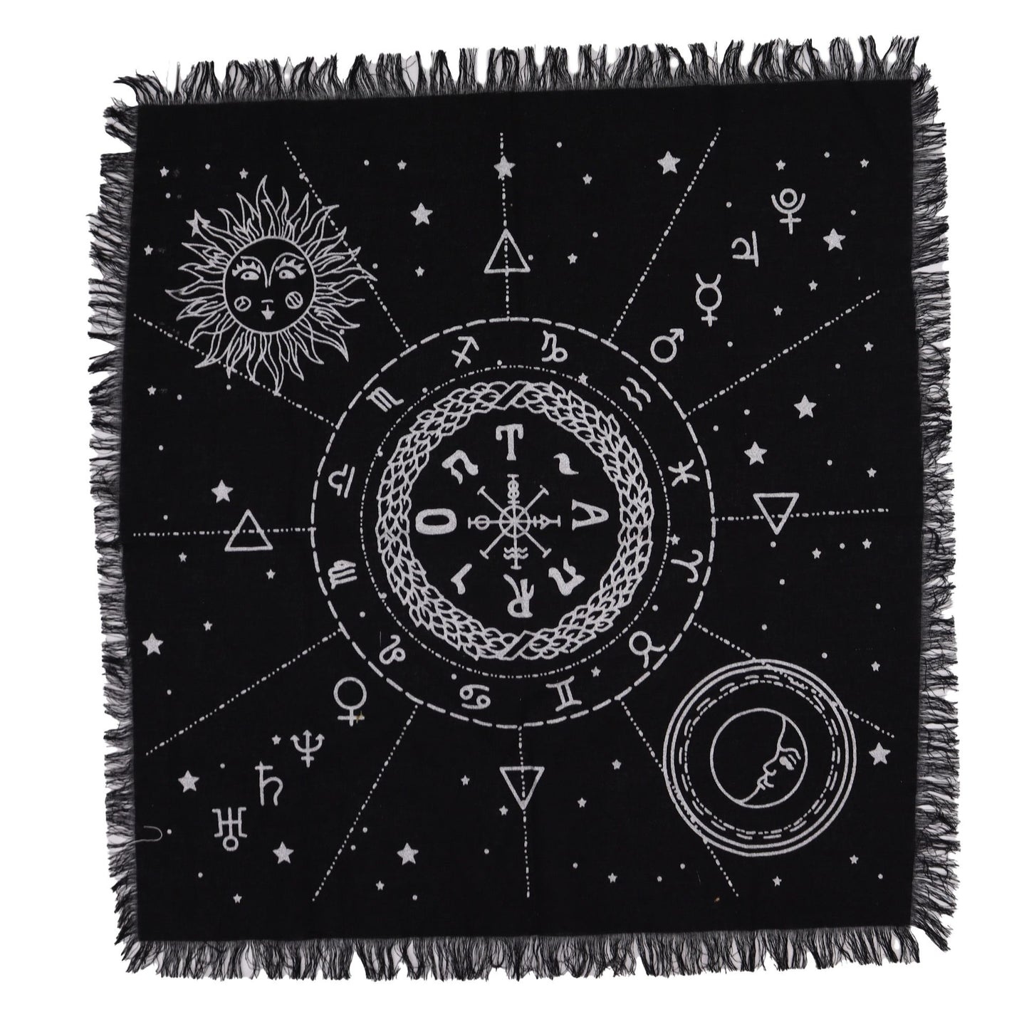 Nappe d’autel ésotérique à franges — Carte lunaire & solaire
