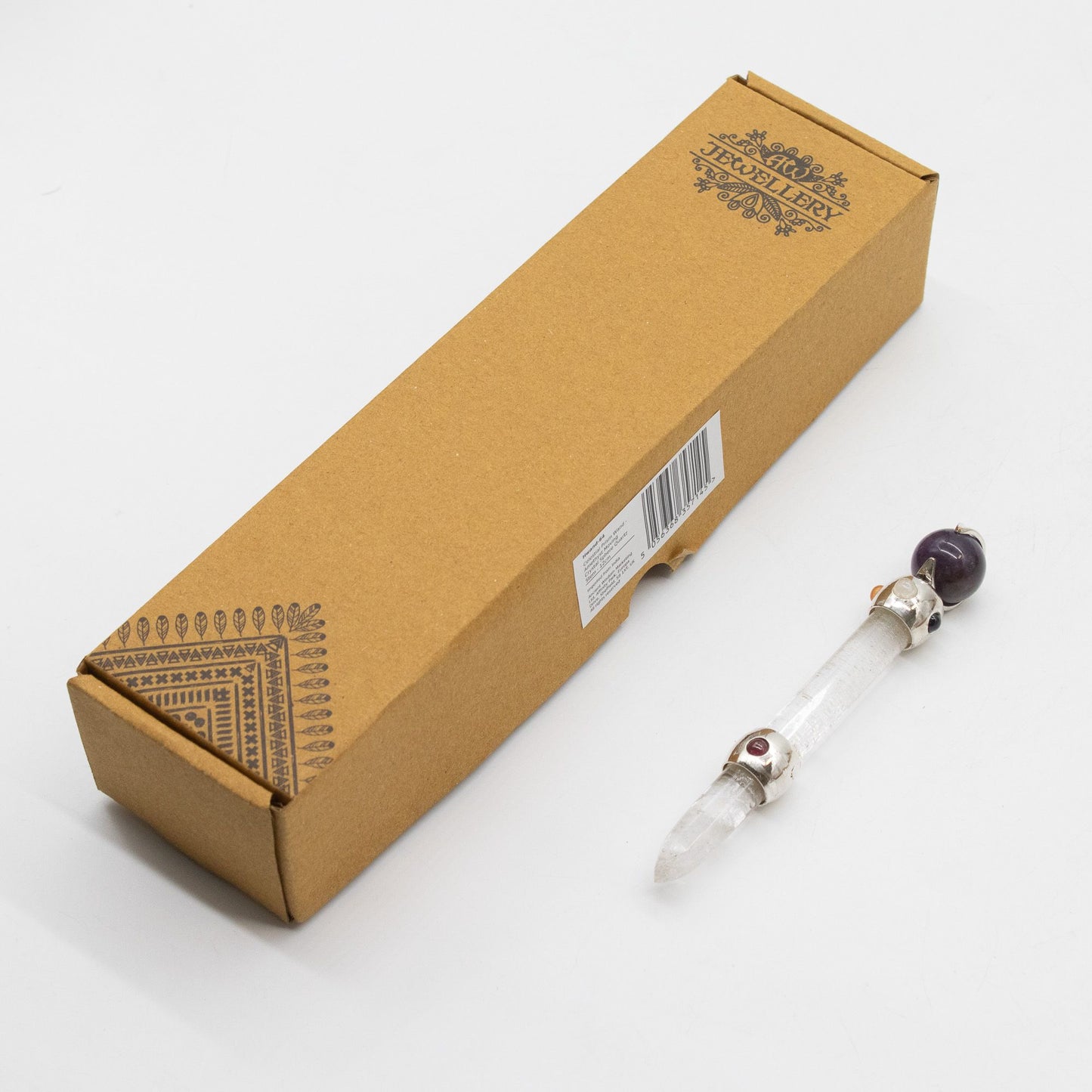 Baguette de prisme céleste — Sphère de cristal mobile d’améthyste · Tige de quartz · 12 cm