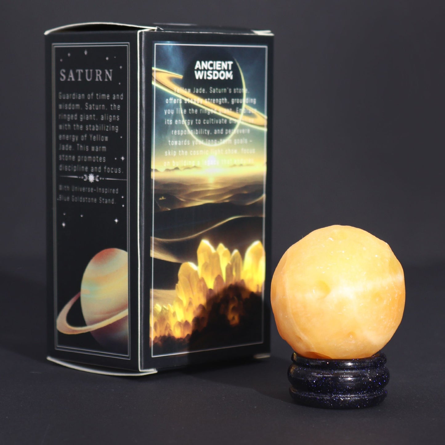Planète Saturne en jade jaune sur socle solaire · 40mm