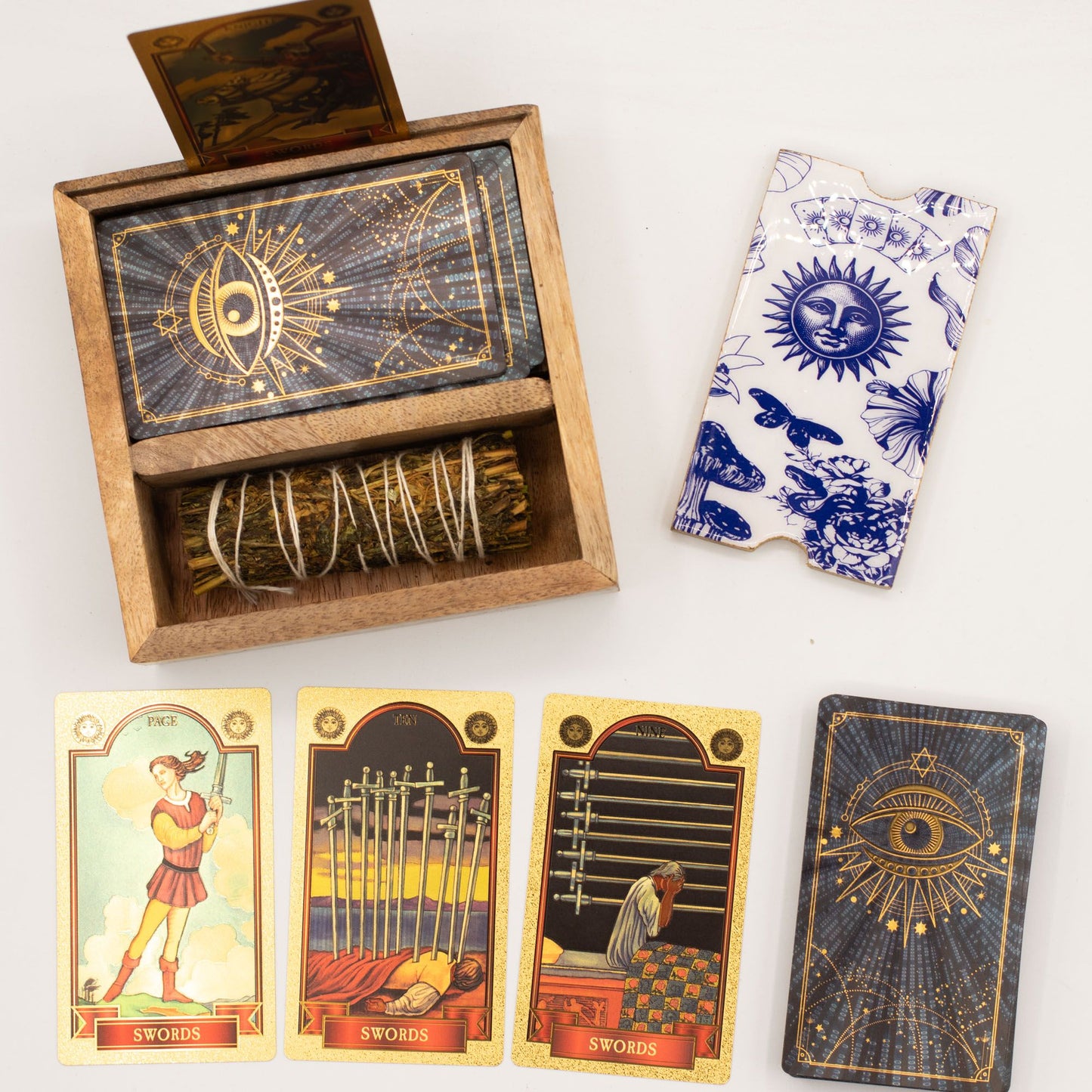 Coffret de tarot à deux sections sur socle pour cartes