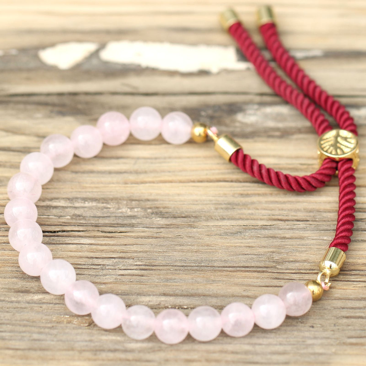 Bracelet ajustable en quartz rose, cordon bordeaux — vue 3