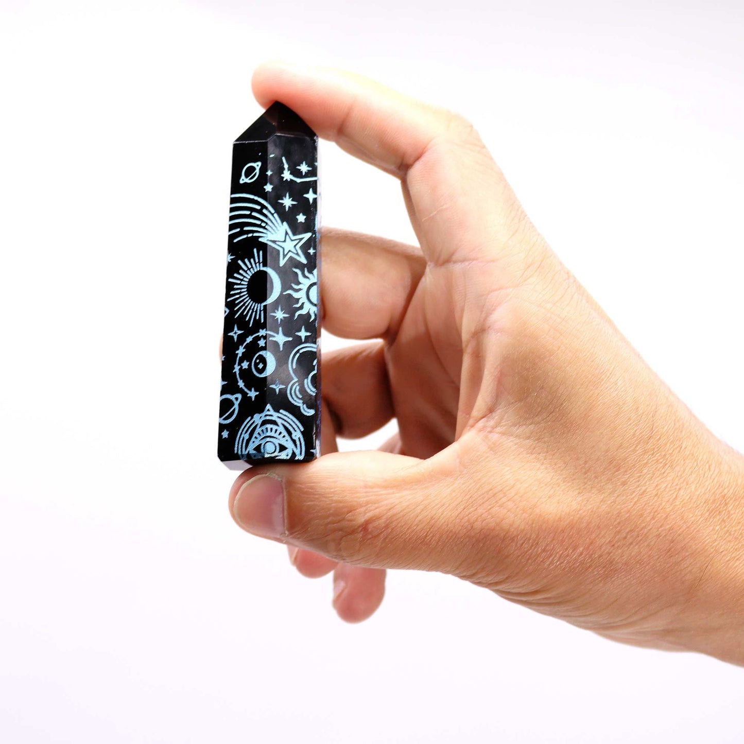 Pointe d’obsidienne noire — Histoire mystique · Bleu ciel · 9cm