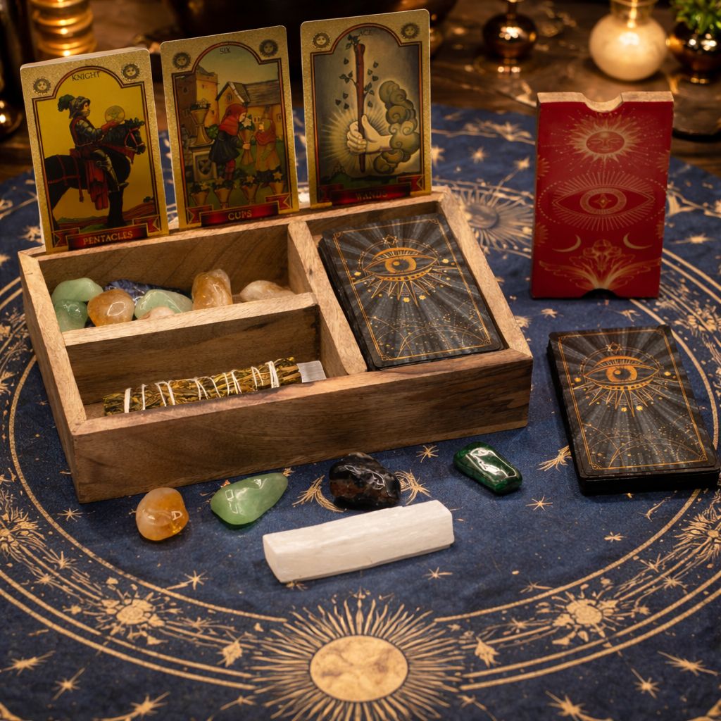 Coffret de tarot à trois sections sur socle pour cartes
