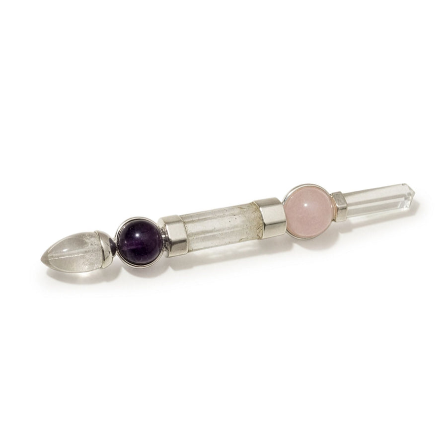 Baguette Axis of Grace — Sphères d’améthyste & quartz rose, tige de quartz · 12 cm