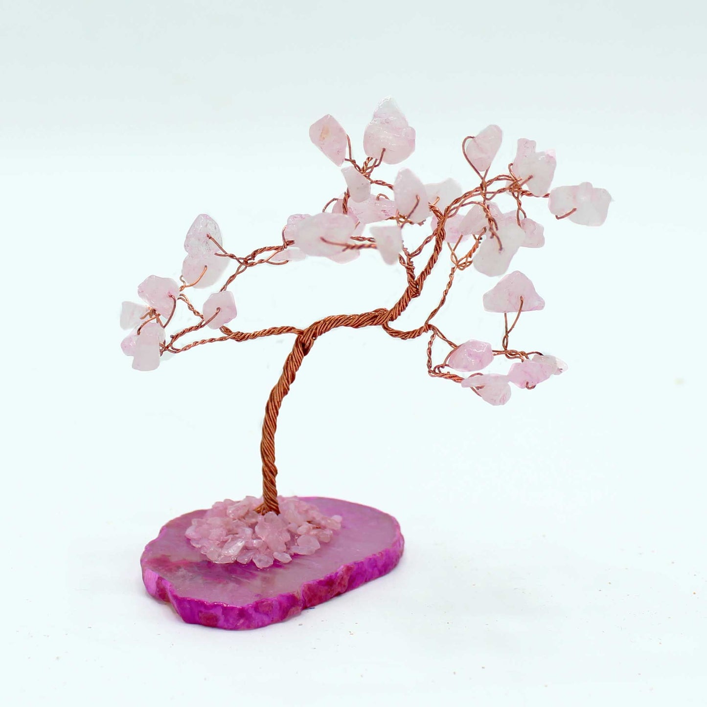 Arbre : quartz rose sur socle d’agate rose