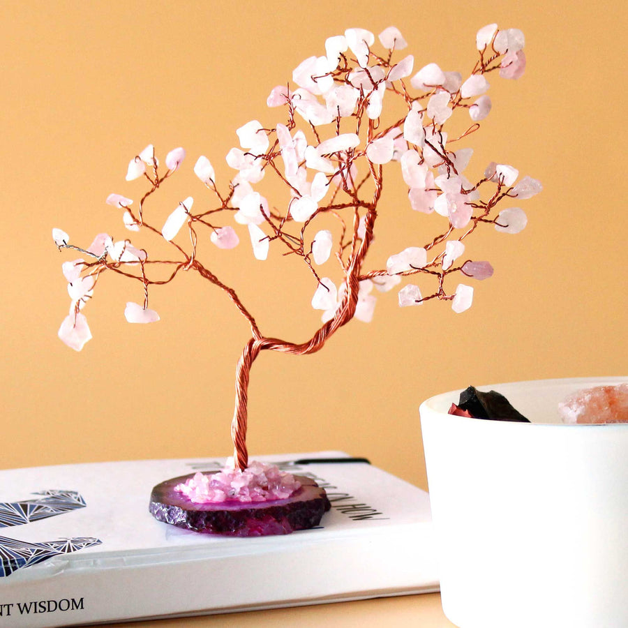 Arbre grand format: quartz rose sur socle d’agate rose