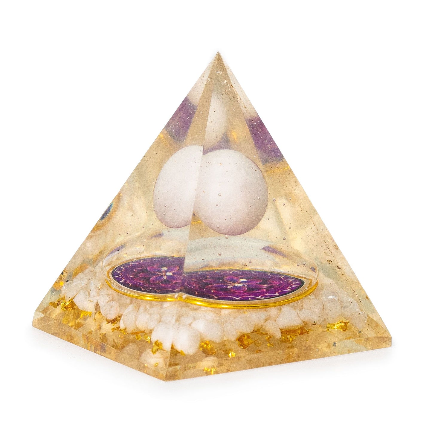 Pyramide d’orgonite format moyen — Sphère de quartz flottante · Éclats de quartz