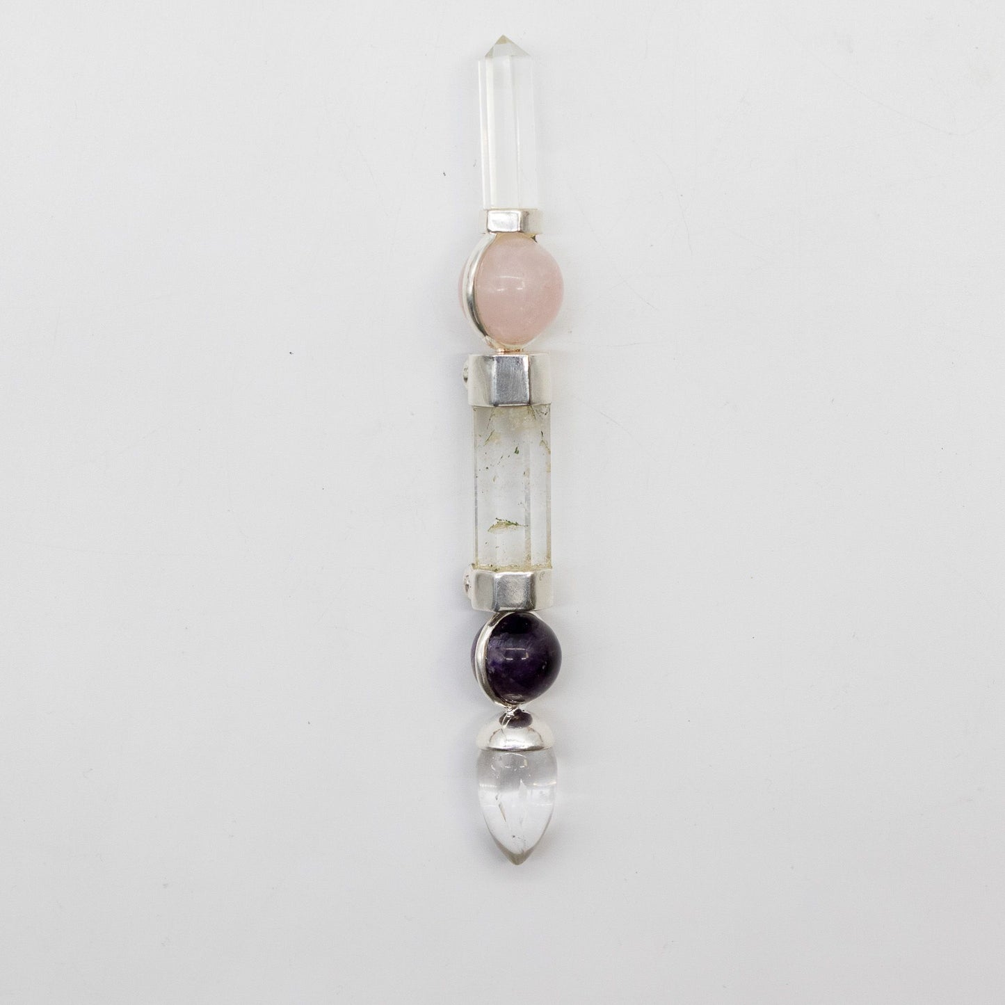 Baguette Axis of Grace — Sphères d’améthyste & quartz rose, tige de quartz · 12 cm