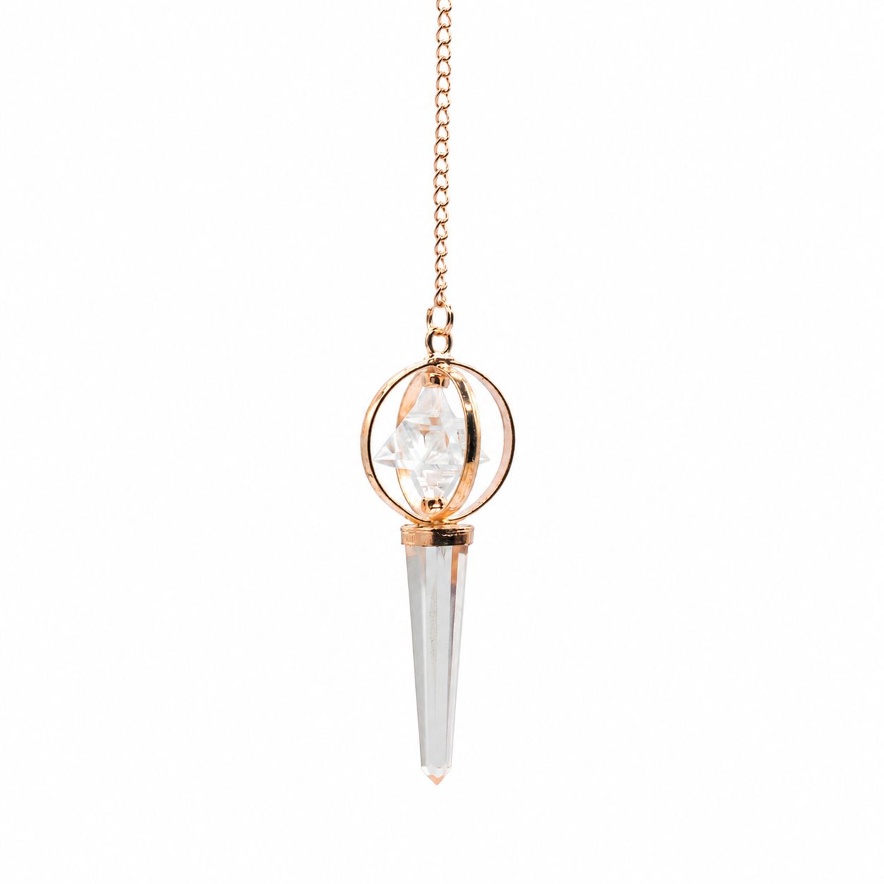 Pendule Stellar Gateway — Étoile Merkaba pivotante · Cuivre & cristal de roche