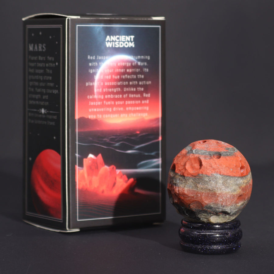 Planète Mars en jaspe rouge sur socle solaire · 40mm