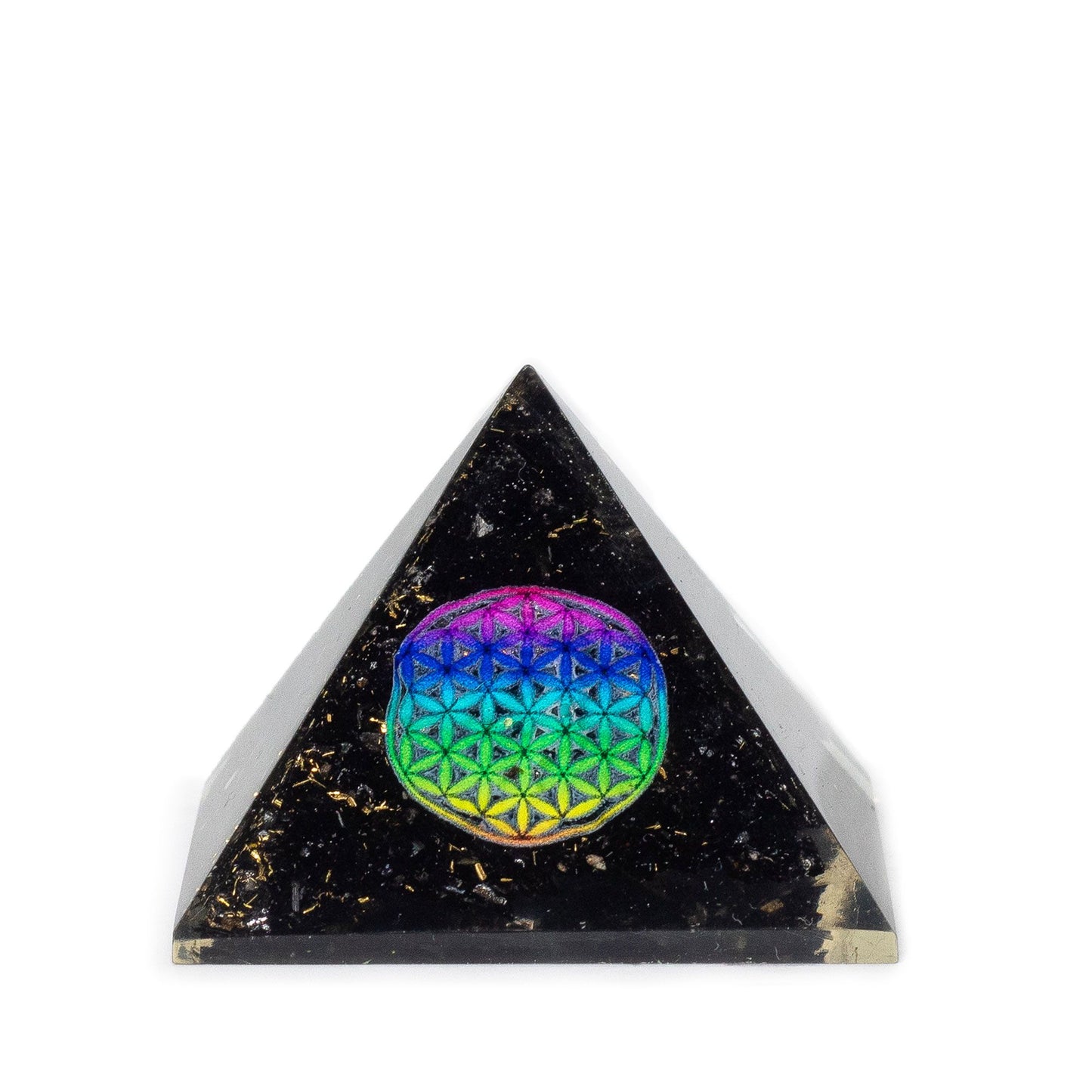 Petite pyramide d’orgonite — Fleur de vie · Éclats de tourmaline noire · 5cm
