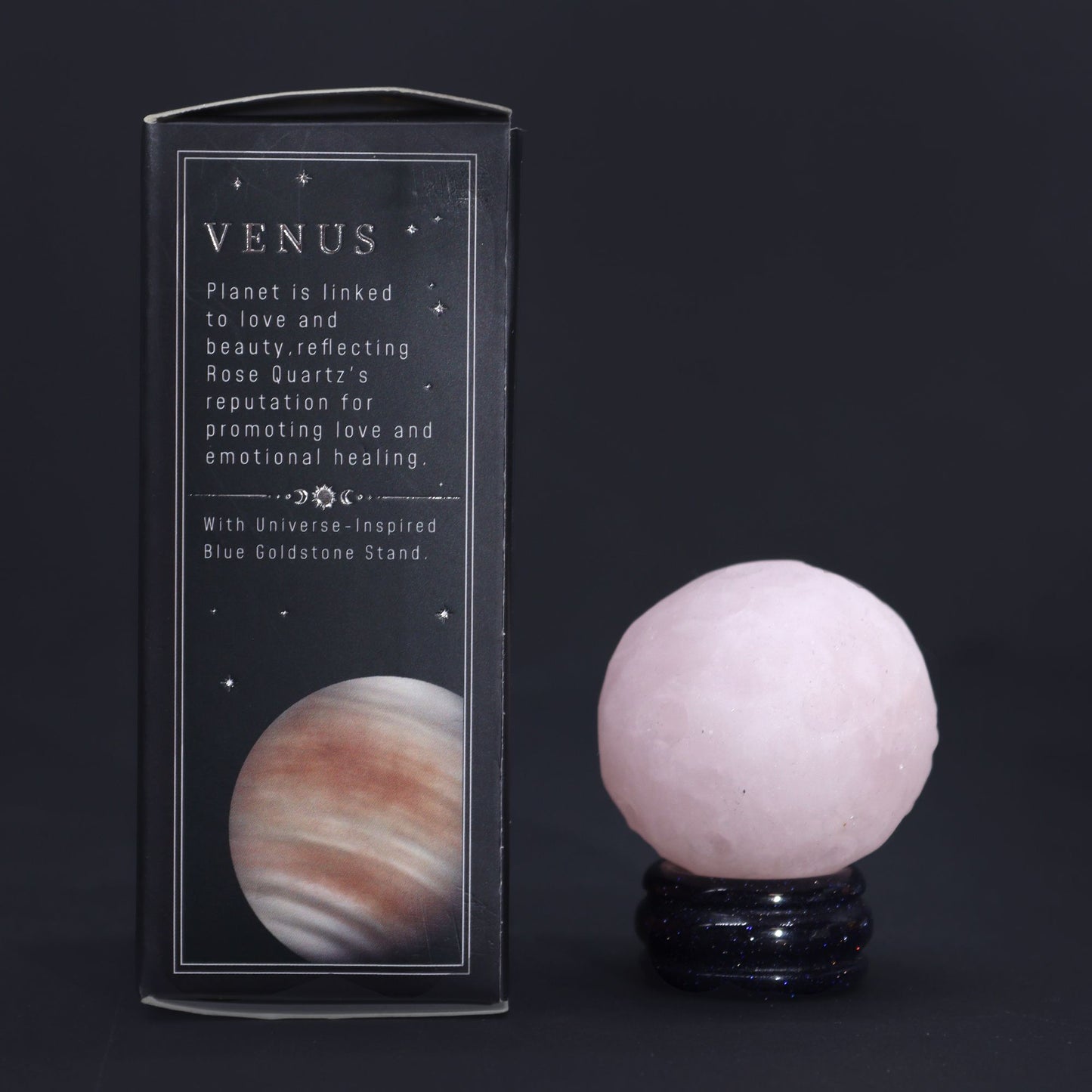 Planète Vénus en quartz rose sur socle solaire · 40mm