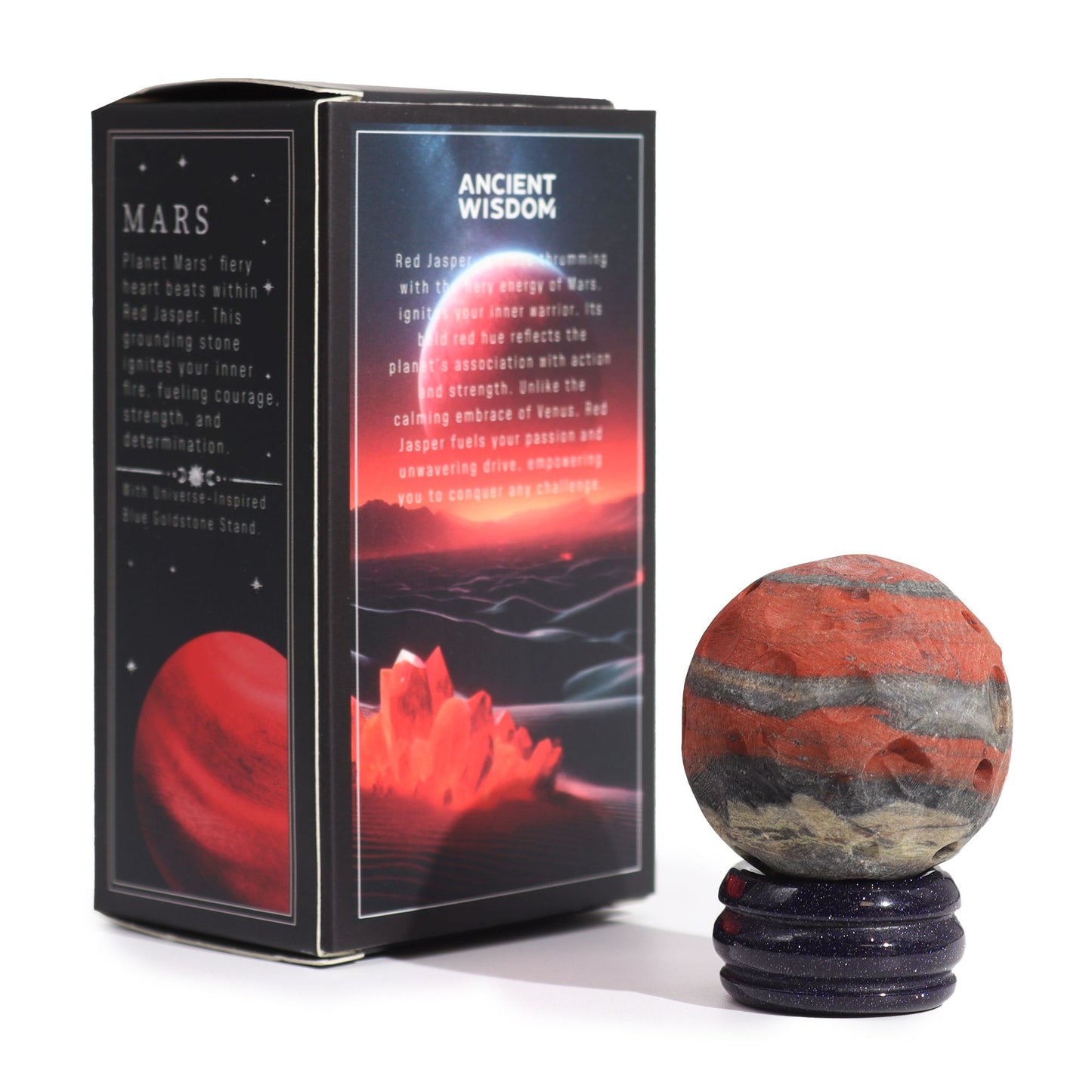 Planète Mars en jaspe rouge sur socle solaire · 40mm