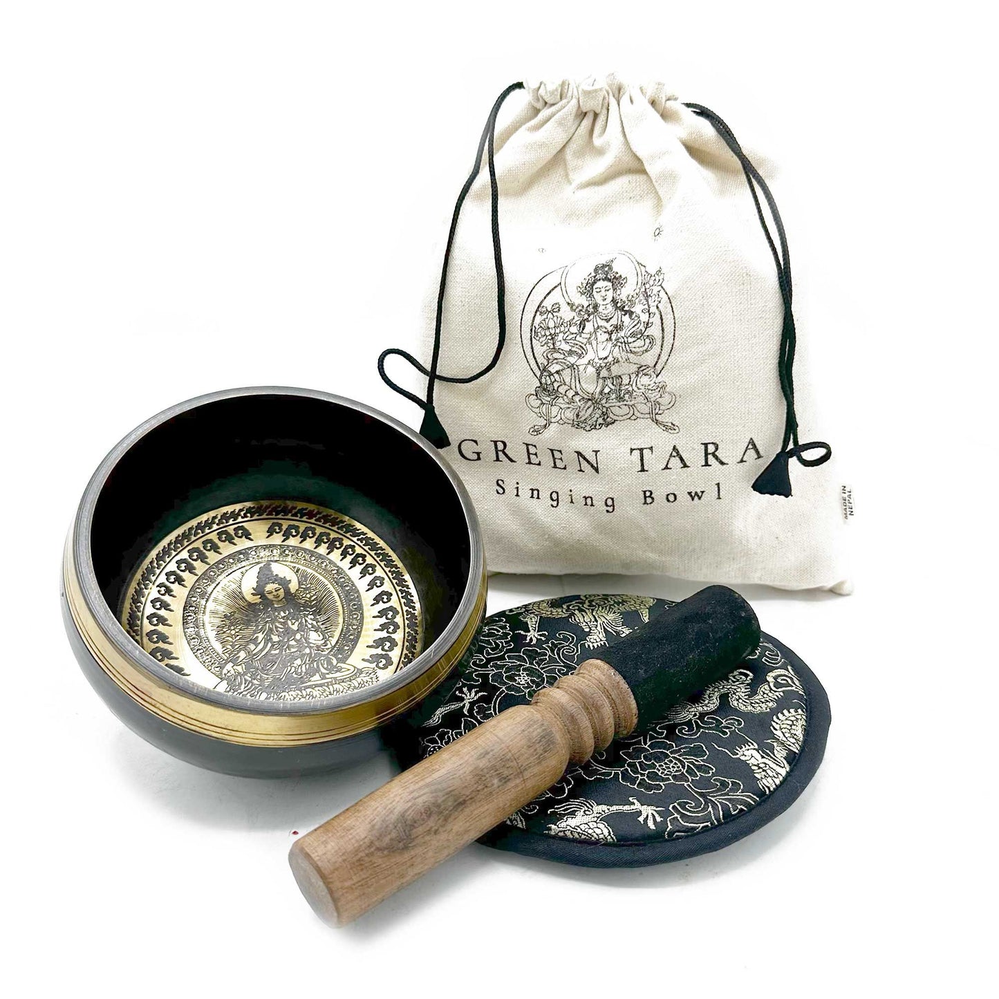 Coffret bol chantant martelé & gravé main — Tara vert · 14 cm