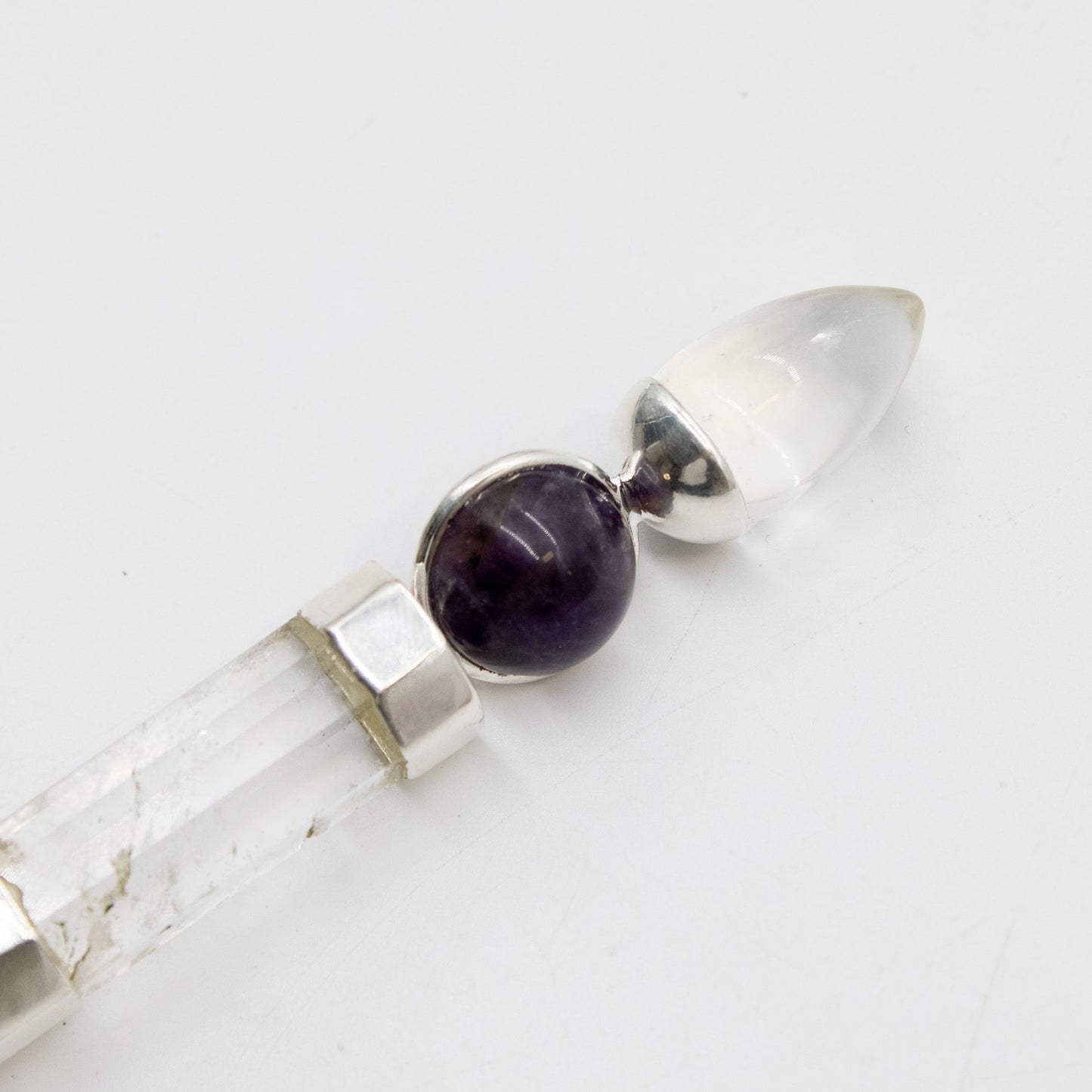 Baguette Axis of Grace — Sphères d’améthyste & quartz rose, tige de quartz · 12 cm