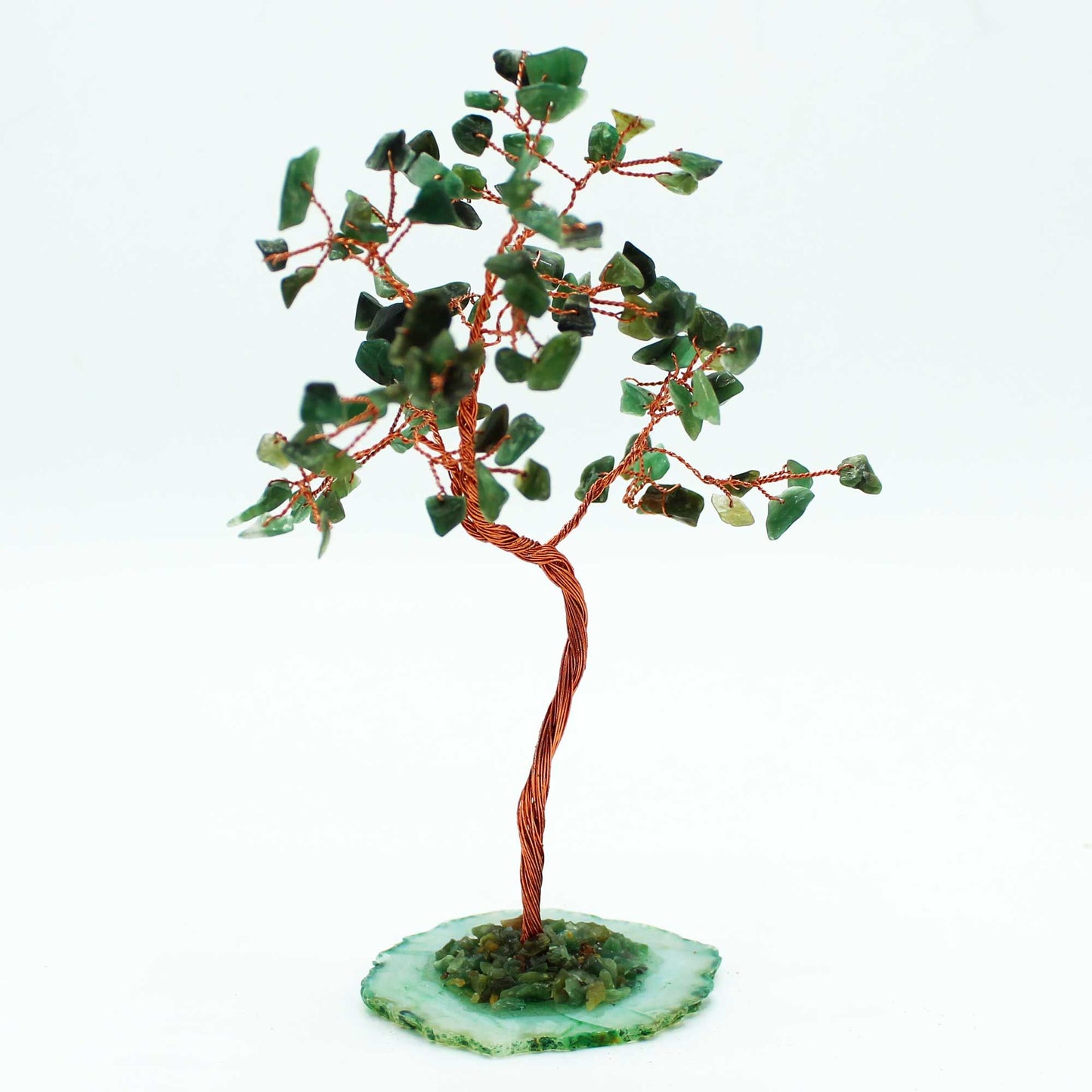 Arbre grand format: aventurine verte sur socle d’agate verte
