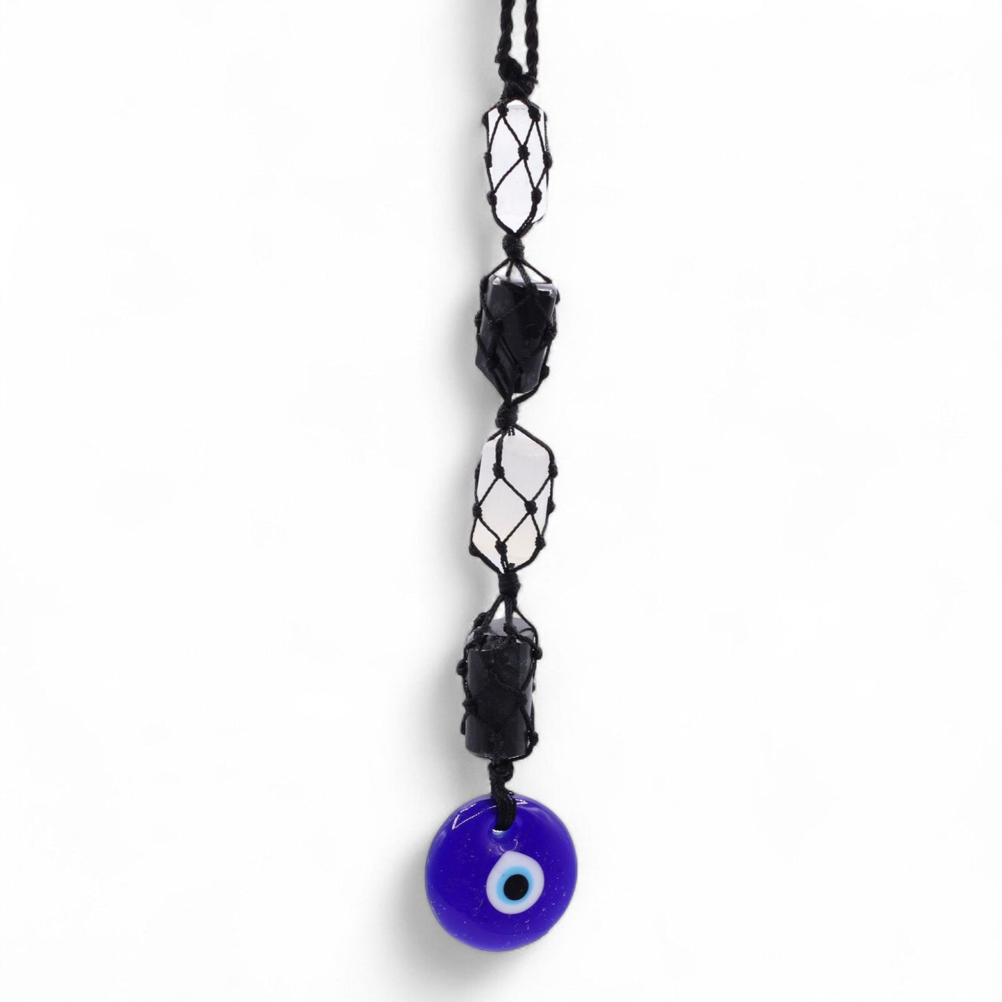 Pendentif de pierre — Tourmaline noire & sélénite polies · Œil turc