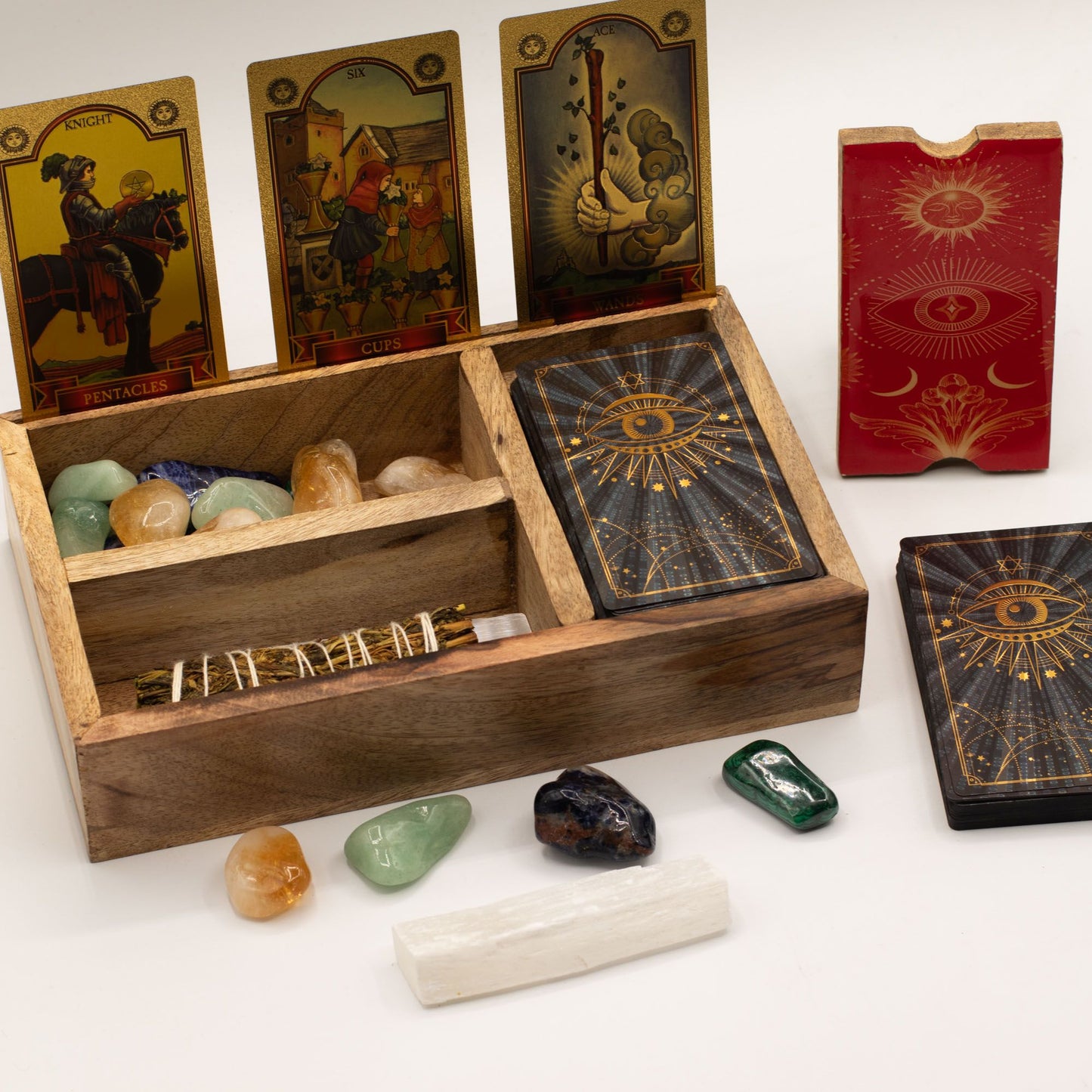Coffret de tarot à trois sections sur socle pour cartes