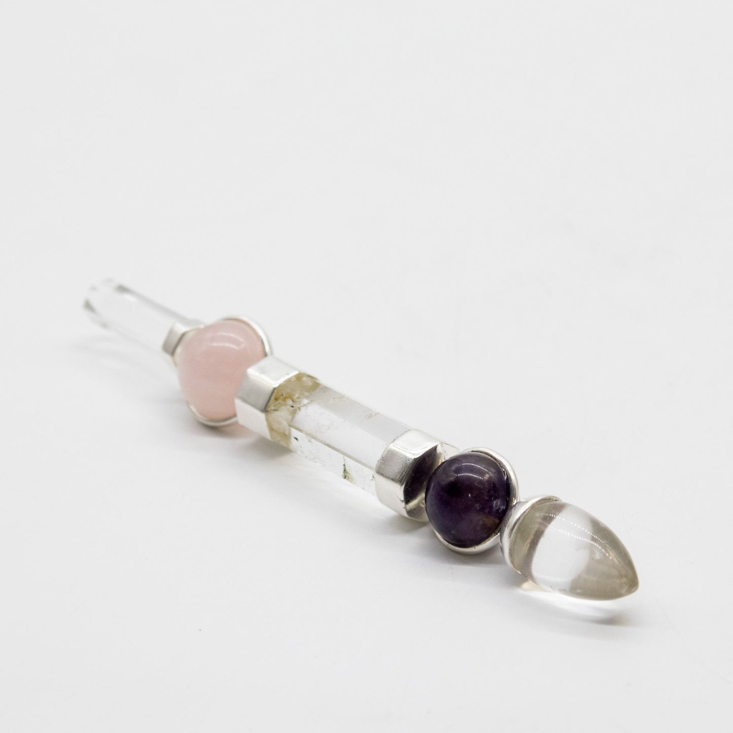 Baguette Axis of Grace — Sphères d’améthyste & quartz rose, tige de quartz · 12 cm