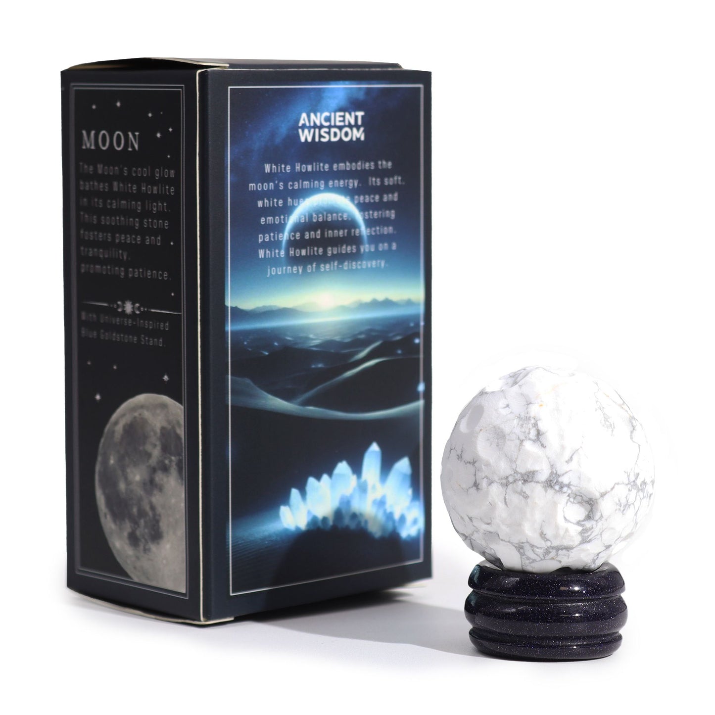 Planète Lune en howlite blanche sur socle solaire · 40mm