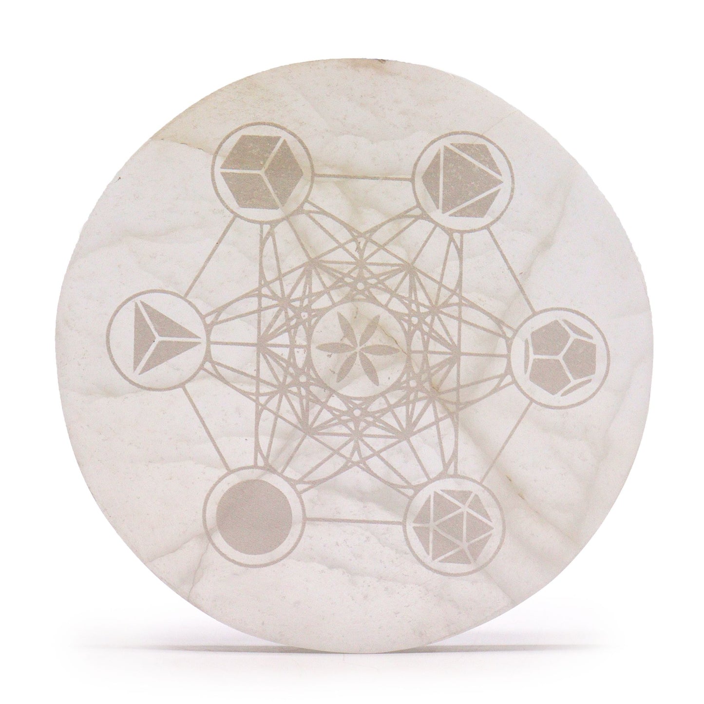Plaque de charge en sélénite — Géométrie sacrée · 18cm