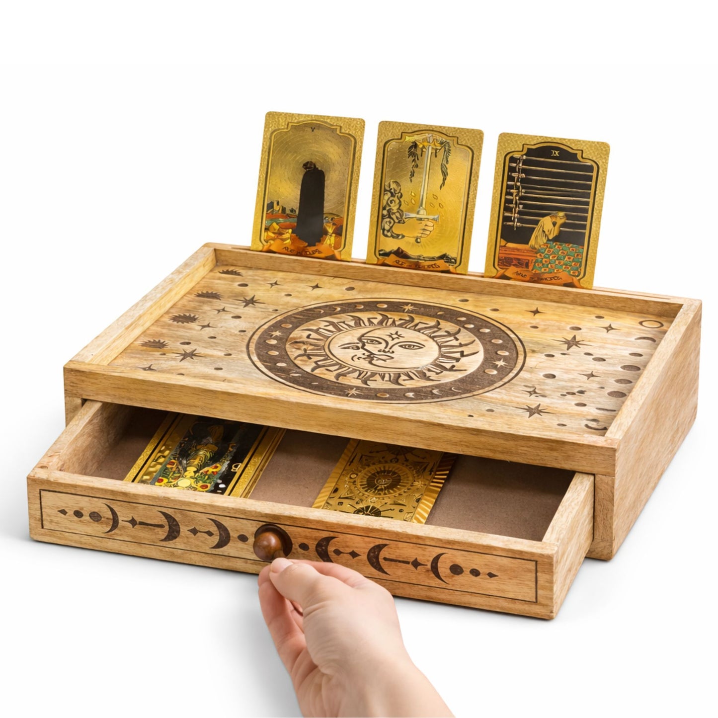 Coffret de tarot sculpté soleil & lune à tiroir