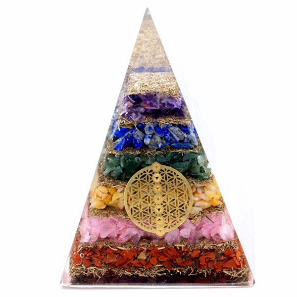 Grande pyramide d’orgonite — Fleur de vie des sept chakras · 70mm
