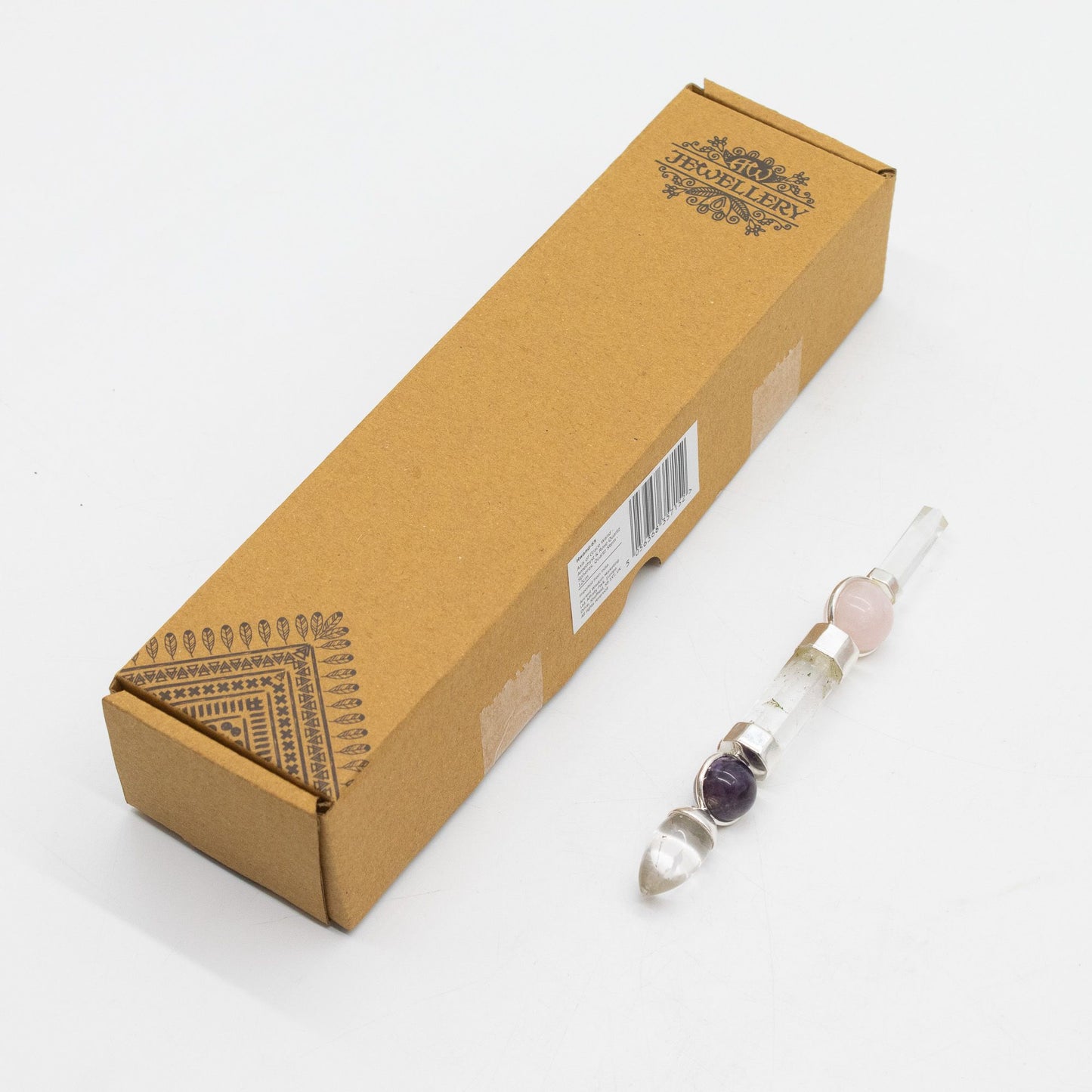Baguette Axis of Grace — Sphères d’améthyste & quartz rose, tige de quartz · 12 cm
