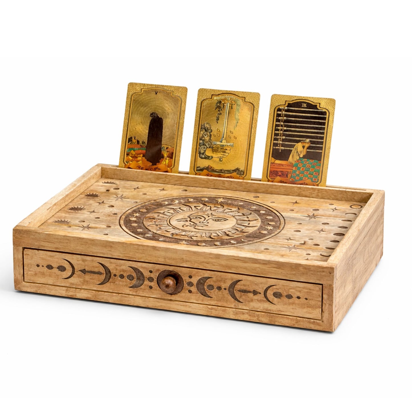 Coffret de tarot sculpté soleil & lune à tiroir