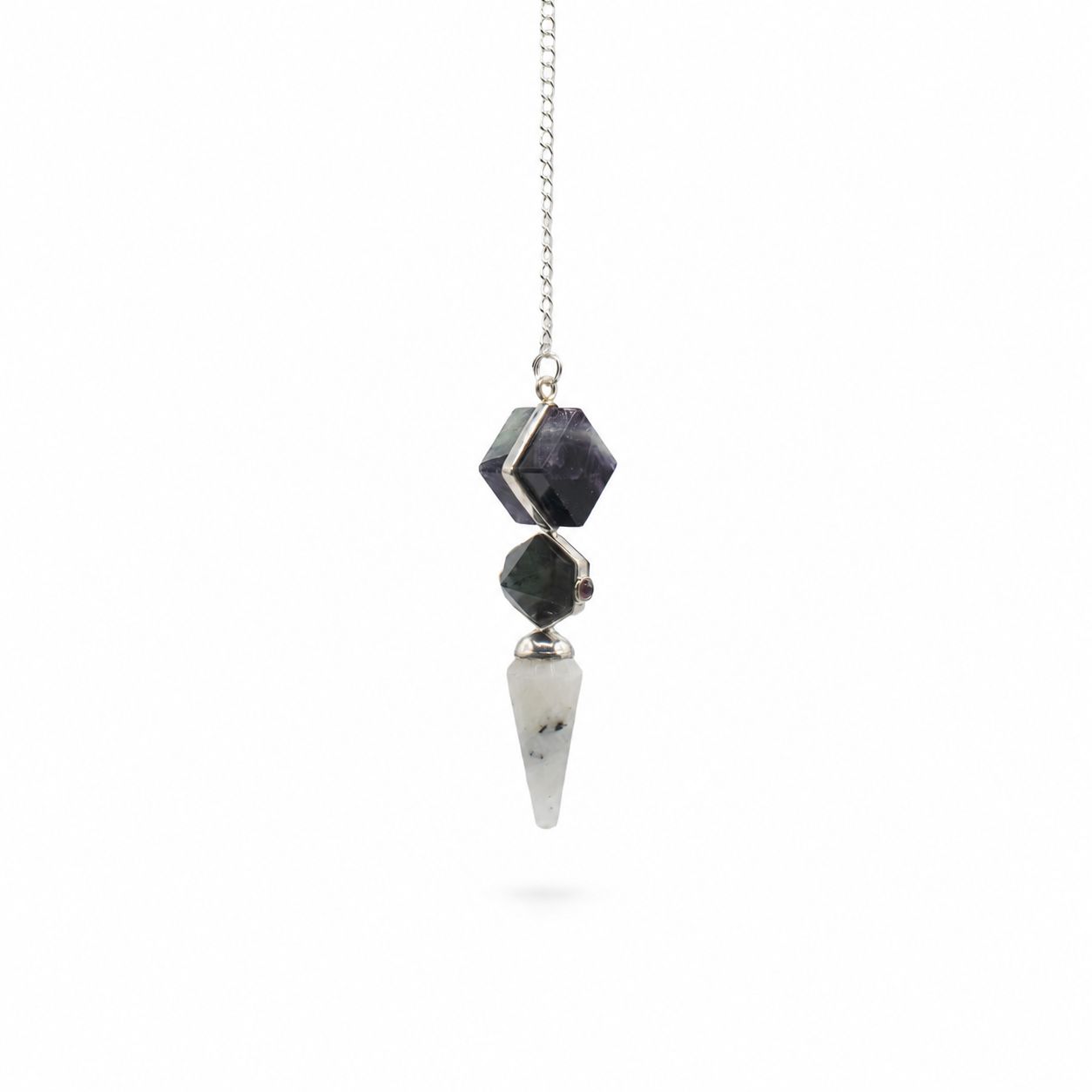Pendule Porte psychique — Trois pièces · Fluorite, labradorite & pierre de lune